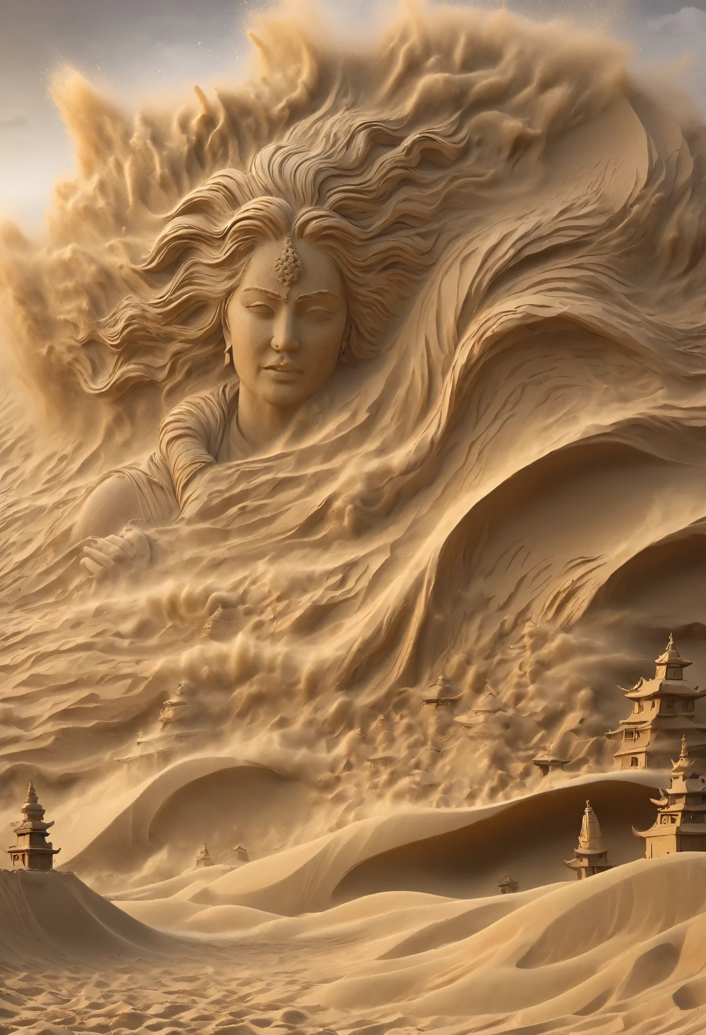 masterpiece, best quality, extremely detailed, hyperrealistic, photorealistic, a lot of hands of sand sculpture, sand storm, strong wind, wave