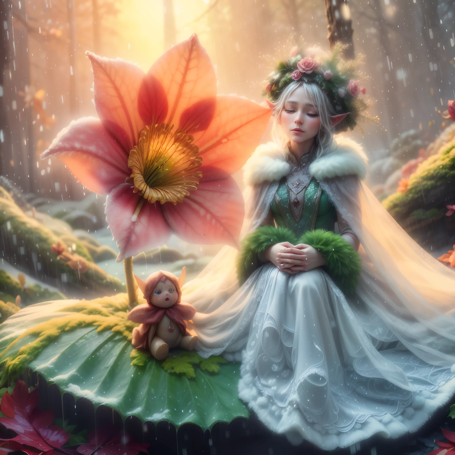 eyes gently closed, Winter Queen beautiful Swedish lady wearing a gaussian gown made of snow, a diminutive gently crying pixie with tears as big as dew drops sitting in the rain on a leaf covered by moss under a large flower with a hole in it where rain gets in, rainy forest background, tiny flowers, sparkling with dew and rain drops, red orange and yellow colors through dappled sunlight