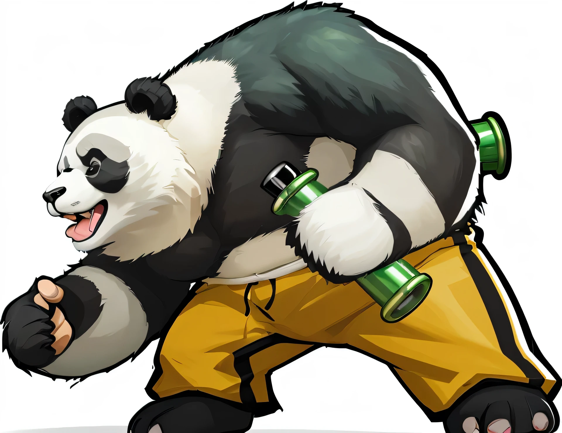 An angry panda，Holding green nunchaku，shorts。Rich details，Rich hair，