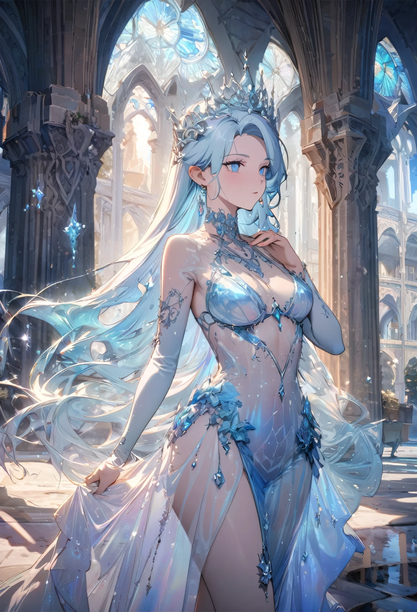 best quality, super fine, 16k, incredibly absurdres, extremely detailed, delicate and dynamic, cool and beautiful pretty ice queen, ice dress, ice accessories, ice ornaments, gorgeous ice castle, beautiful courtyard and cloudless day, transparent, translucent and iridescent, Gothic, Romanesque, Baroque, Renaissance, Rococo, Art Nouveau, Northern Renaissance style, extremely cold, diffusely reflected light shining like a prism, beautiful effects