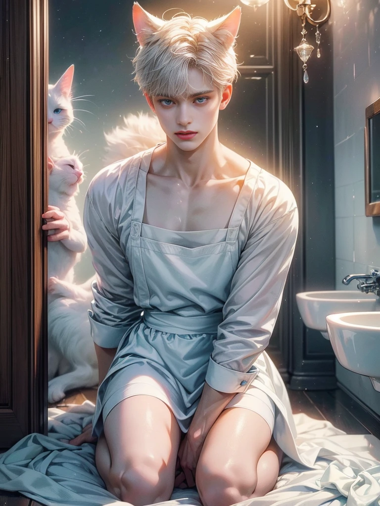 At night, a tall young man with white short hair,one white cat tail,white cat ears, striking blue eyes, stained with dew on his body, wearing only a pink and white apron, kneeling on the floor in a bathroom,his clothes soaked and revealing his defined physique, (best quality,4k,8k,highres,masterpiece:1.2),ultra-detailed,(realistic,photorealistic,photo-realistic:1.37),HDR,UHD,studio lighting,ultra-fine painting,sharp focus,physically-based rendering,extreme detail description,professional,vivid colors,bokeh