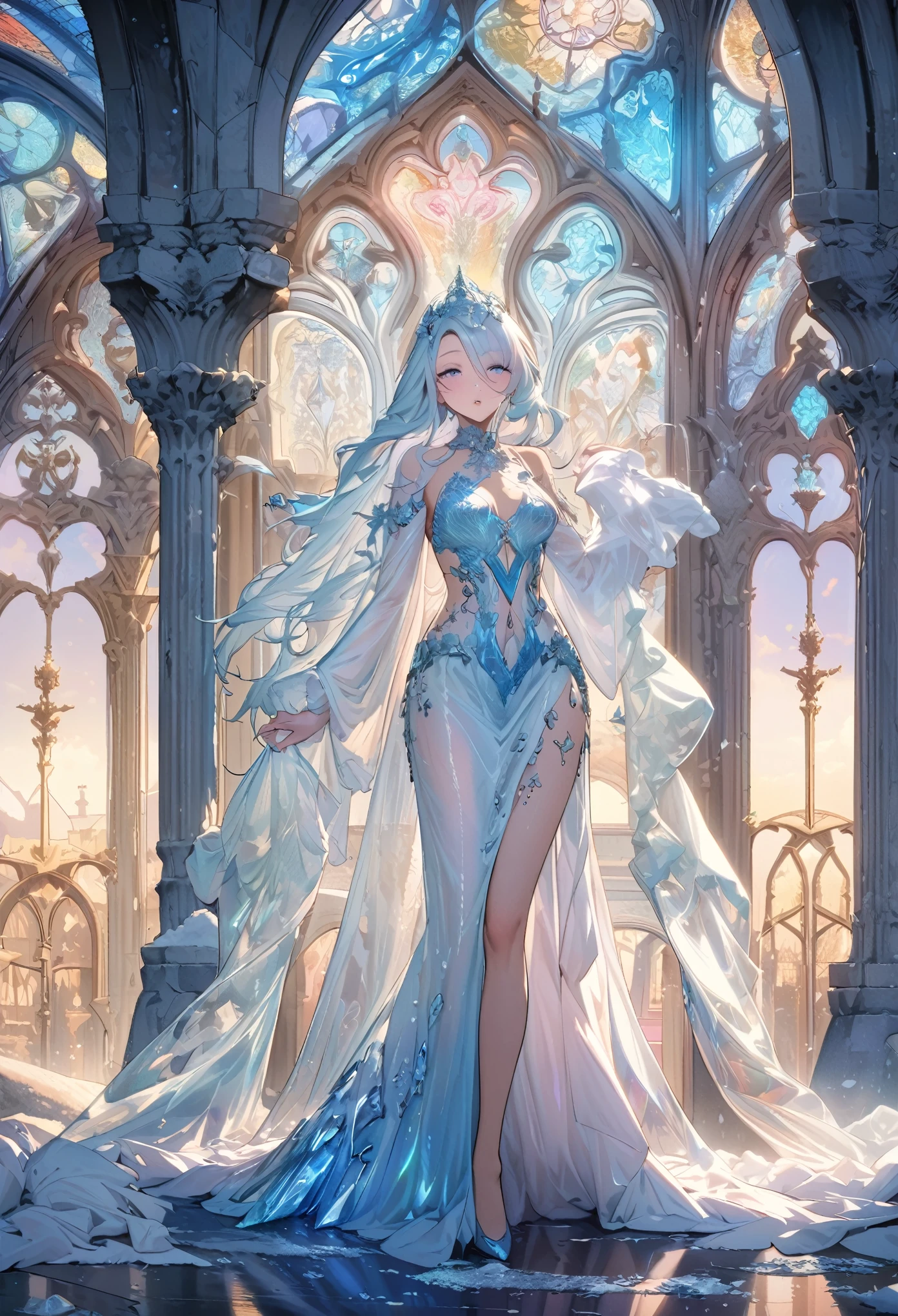 best quality, super fine, 16k, incredibly absurdres, extremely detailed, delicate and dynamic, cool and beautiful pretty ice queen, ice dress, ice accessories, ice ornaments, gorgeous ice castle, beautiful courtyard and cloudless day, transparent, translucent and iridescent, Gothic, Romanesque, Baroque, Renaissance, Rococo, Art Nouveau, Northern Renaissance style, extremely cold, diffusely reflected light shining like a prism, beautiful effects