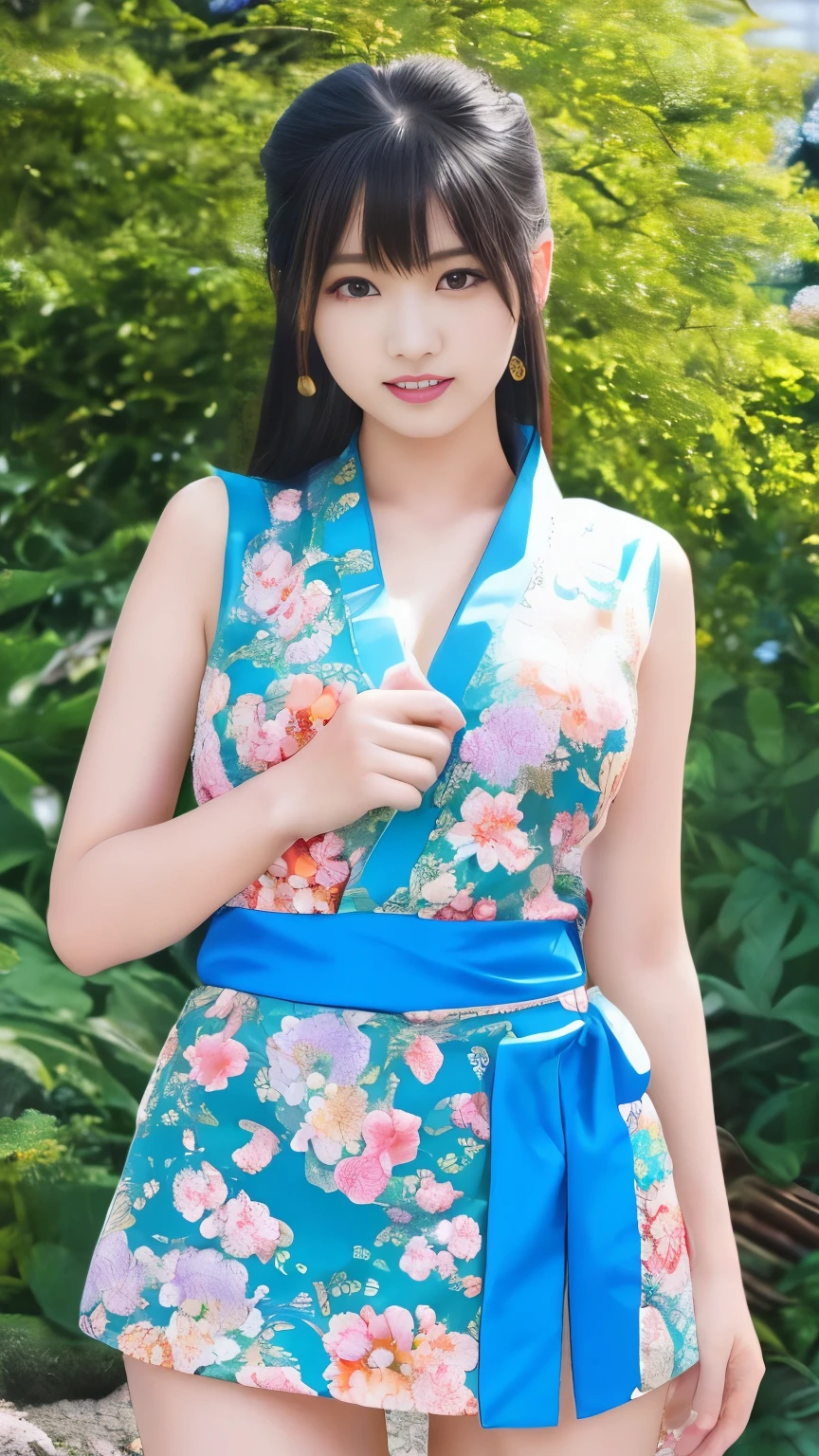 最high quality、high quality、Best image quality、8k、最High resolution、High resolution、最high quality、masterpiece、RAW Photos、whole body写真、Detailed and realistic human body、Detailed and realistic skin、Realistic face in every detail、Detailed and realistic eyes、Detailed and realistic lips、Detailed and realistic teeth、Detailed and realistic ears、Detailed and realistic hair、Realistic reproduction of every detail、((Beautiful Hands(thumb１、reference４))、Realistic feet down to the last detail、((Beautiful Japanese Girl))、(Japanese Model)、((18 year old beautiful girl))、(Black Hair)、(Random Hairstyles)、((whole body))、((Slim and perfect figure))、(Beautiful and firm breasts)、(whole body光沢肌、Fair skin)、Soft natural light、China dress、kimono、Ninja costume、Japanese tradition、Japanese garden、((Colorful see-through(Floral Ninja Costume))、((Daily life in the garden(Make your thighs look beautiful))