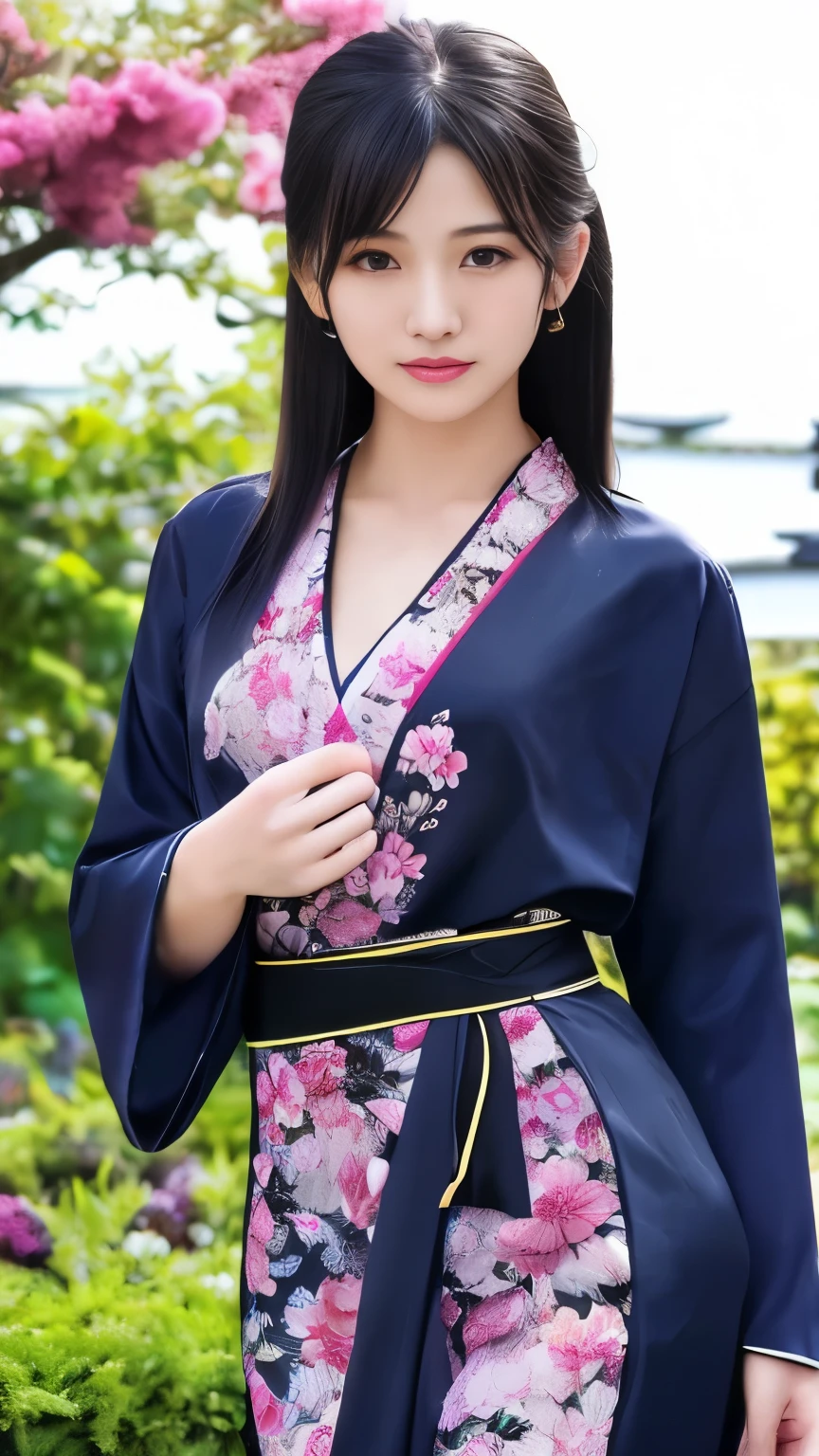 最high quality、high quality、Best image quality、8k、最High resolution、High resolution、最high quality、masterpiece、RAW Photos、whole body写真、Detailed and realistic human body、Detailed and realistic skin、Realistic face in every detail、Detailed and realistic eyes、Detailed and realistic lips、Detailed and realistic teeth、Detailed and realistic ears、Detailed and realistic hair、Realistic reproduction of every detail、((Beautiful Hands(thumb1、reference4))、Realistic feet down to the last detail、((Beautiful Japanese Girl))、(Japanese Model)、((18 year old beautiful girl))、(Black Hair)、(Random Hairstyles)、((whole body))、((Slim and perfect figure))、(Beautiful and firm breasts)、(whole body光沢肌、Fair skin)、Soft natural light、China dress、kimono、Ninja costume、Japanese tradition、Japanese garden、((Colorful see-through(Floral Ninja Costume))、((Daily life in the garden(Make your thighs look beautiful))