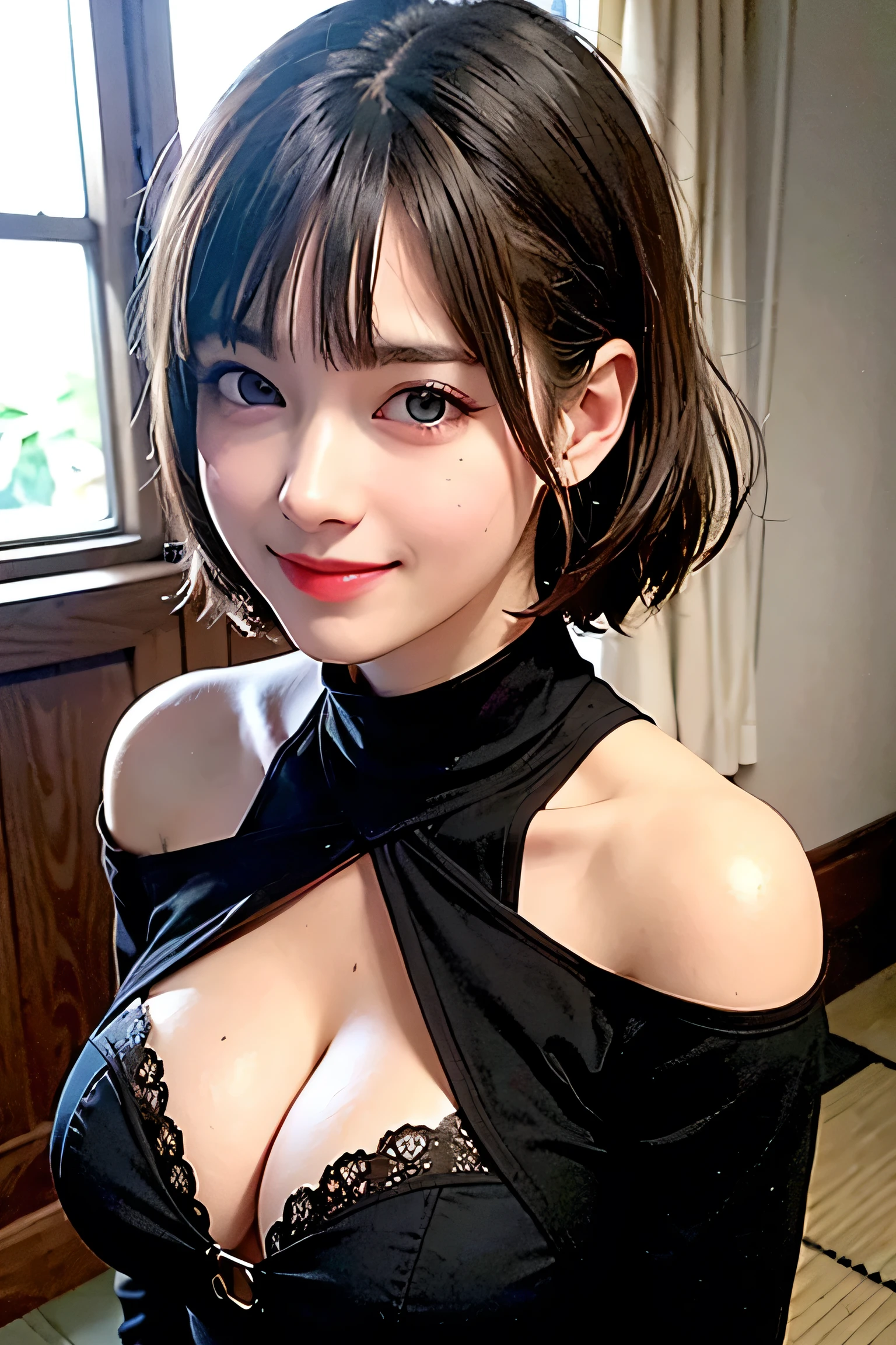 ((best quality)), ((masterpiece)), (detailed), perfect face (masterpiece:1.3), (8K, Photorealsitic, Raw photography, Top image quality: 1.4), Japan high school girls、(Random hairstyles:1.2)、cleavage of the breast:1.2、Super Detail Face、Eye of Detail、double eyelid、Bring your chest together、sharp focus:1.2、prety woman:1.4、light brown hair、top-quality、masterpiece、超A high resolution、(Photorealsitic:1.4)、Highly detailed and professional lighting smile、Loose and light knitwear、Shoulder out、slender、serious facial expression、short-haired、Fatal position