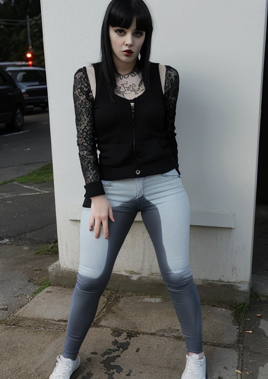 (pp clothes), side view, black hair, bangs, goth, Beautiful woman in skinny jeans,Plump buttocks,The back is charming,Full body photo receding into the distance, tattoos, piercing