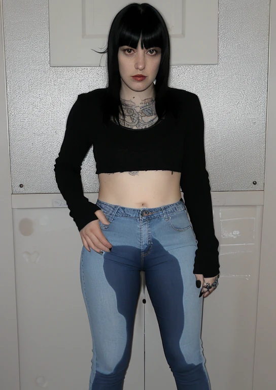 (pp clothes), side view, black hair, bangs, goth, Beautiful woman in skinny jeans，Plump buttocks，The back is charming，Full body photo receding into the distance, tattoos, piercing
