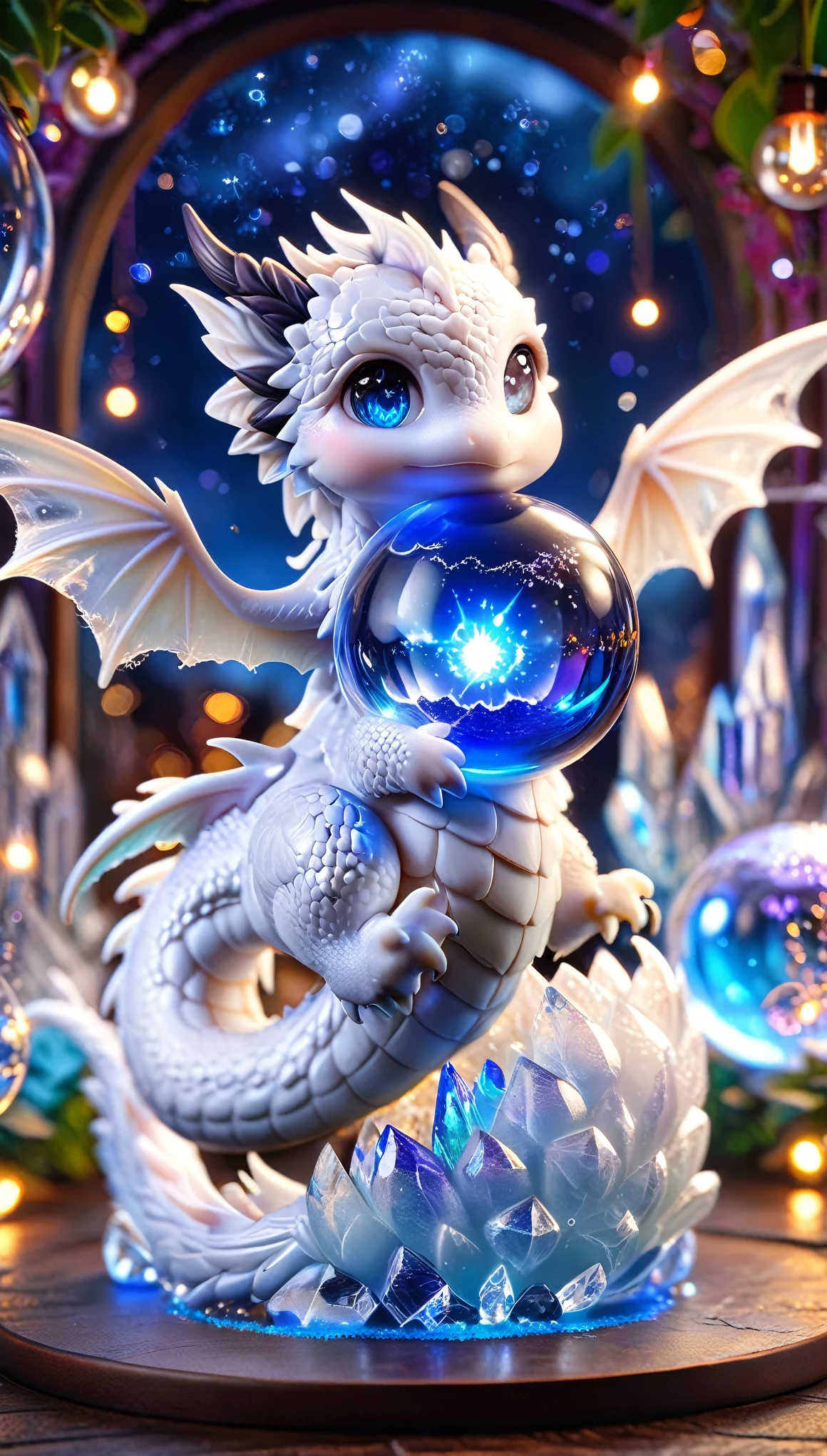 absurd, High resolution, Super detailed, HDR, masterpiece, best quality, ( Trapped in a crystal ball) Little White Dragon, Expressive blue eyes, White eyelashes, blue horns, wing, Fantasy magic background, shiny, shining, Purple lightning, Floating round lights, Starry Sky, blank