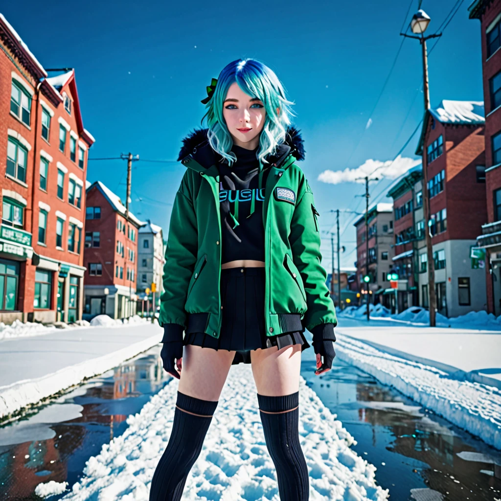 best quality,ultra high res,1girl,solo,full body,snow,city, blue hair,green eyes,jk,,