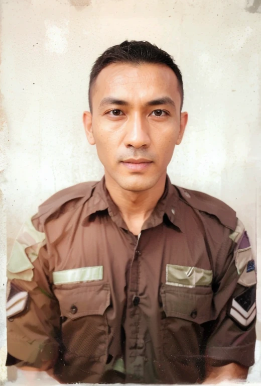 1man wearing green army shirt,  background grey, pas photo, front view, look from front, detail realistic UHD 4k 