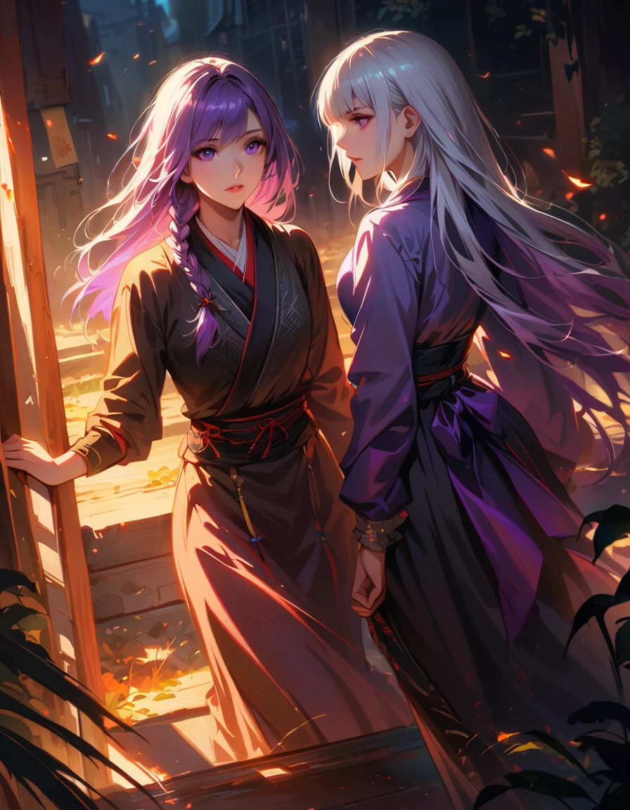 beautiful detailed eyes, beautiful detailed lips, extremely detailed eyes and face, long eyelashes, Tokyo Ghoul style,2 girls, holding hands, yinji, purple hair, purple eyes, long hair, white hair, double braids, gradient hair, Japanese folk style clothing, dark fantasy, dramatic lighting, cinematic composition, highly detailed, 8k, best quality, masterpiece, photorealistic, HDR, award winning, dramatic atmosphere, chiaroscuro, Gothic, moody, mystical, ethereal