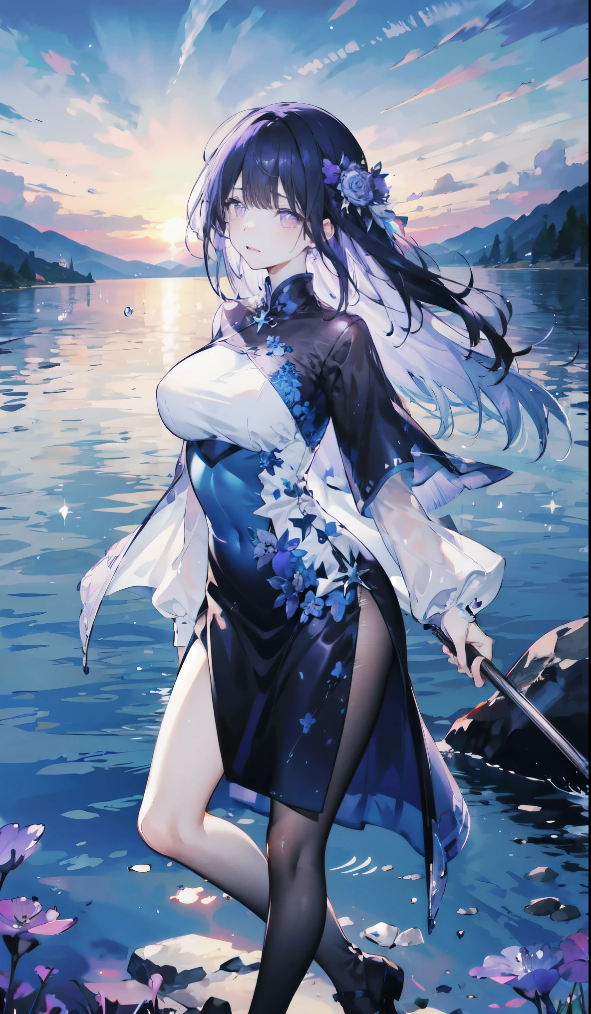 ((masterpiece:1.4,best quality)),(Super detailed),(Extremely detailed eyes),(Black leggings,Shiny socks:1.5),Hello Darkness
((Sexy Girl,Large Breasts)),(Blood-red pupils,Diamond-shaped pupil:1.15),Purple Eyeshadow,(Elongated hair,Thick hair,shiny hair:1.5)(Variza:1.2),Fair skin,despair,Grief,Empty eyes,Tears streaming down my face,tilt head to one side,Kneel down
(She wears blue armor,Tight cheongsam,:1.5),Very long plush sleeves,White,White Cloud,Dream bubbles ,Ice and glitter effects
(Black long skirt:1.1),
(dawn:1.2),
(Intense black and white:1.16),(Depth of Field:1.4),,Intricate details,(Sky Castle,Standing on the lake,Purple flowers by the lake)