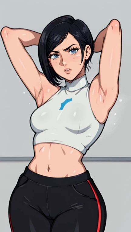 gym background、Super detailed illustrations、seductive smile、masterpiece、highest quality、ultra high resolution、high resolution、(Sweat、body fluid)、shiny skin、black hair、very short hair、color red eyes、white croptop turtleneck、sleeveless、Standing picture、hot pants、put hands behind head, armpits, armpits visible, very small breasts