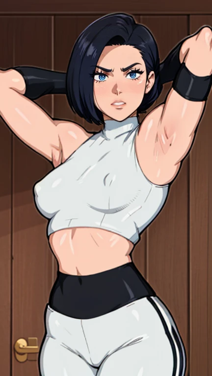 gym background、Super detailed illustrations、seductive smile、masterpiece、highest quality、ultra high resolution、high resolution、(Sweat、body fluid)、shiny skin、black hair、very short hair、color red eyes、white croptop turtleneck、sleeveless、Standing picture、hot pants、put hands behind head, armpits, armpits visible, very small breasts