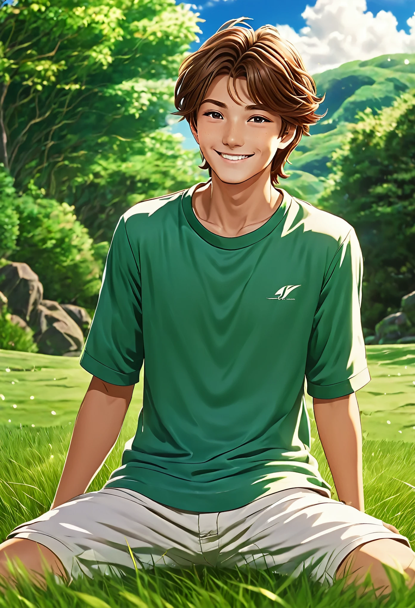 MAKE A 17 year old boy with brown hair and eyes sitting on the grass smiling slightly with the wind passing through his hair, FULL HD, 4K, estilo anime 