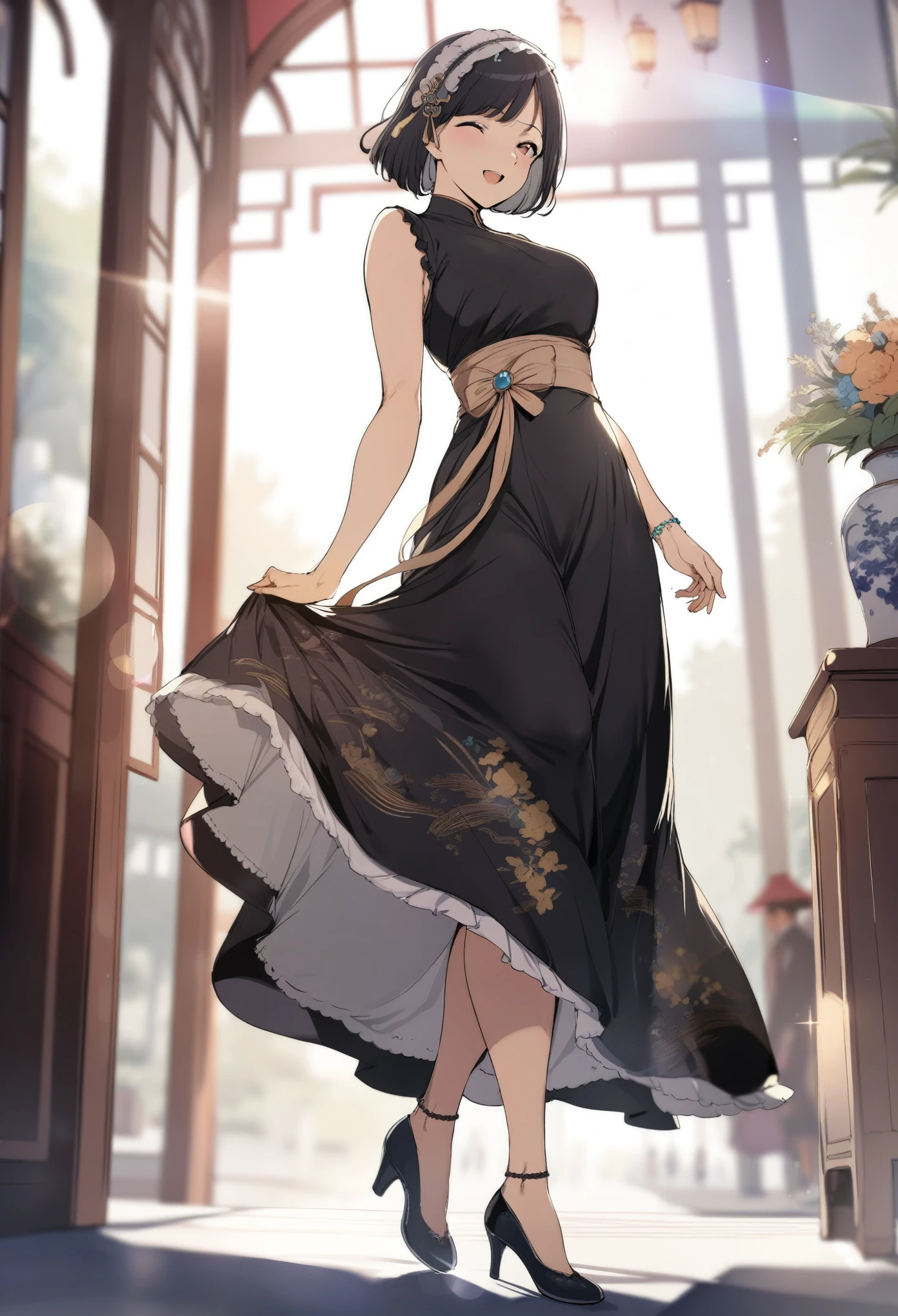 alp,summer,cute 1girl,happy,walking in 1920's Shanghai,fashionable,Chinoiserie long Dress,black Midi Frill Petticoat,Ribbon Bijoux hairband,Jacquard Separate Pumps,lens flare,blurry,(depth of field:1.1),sunlight rays,masterpiece,best quality,