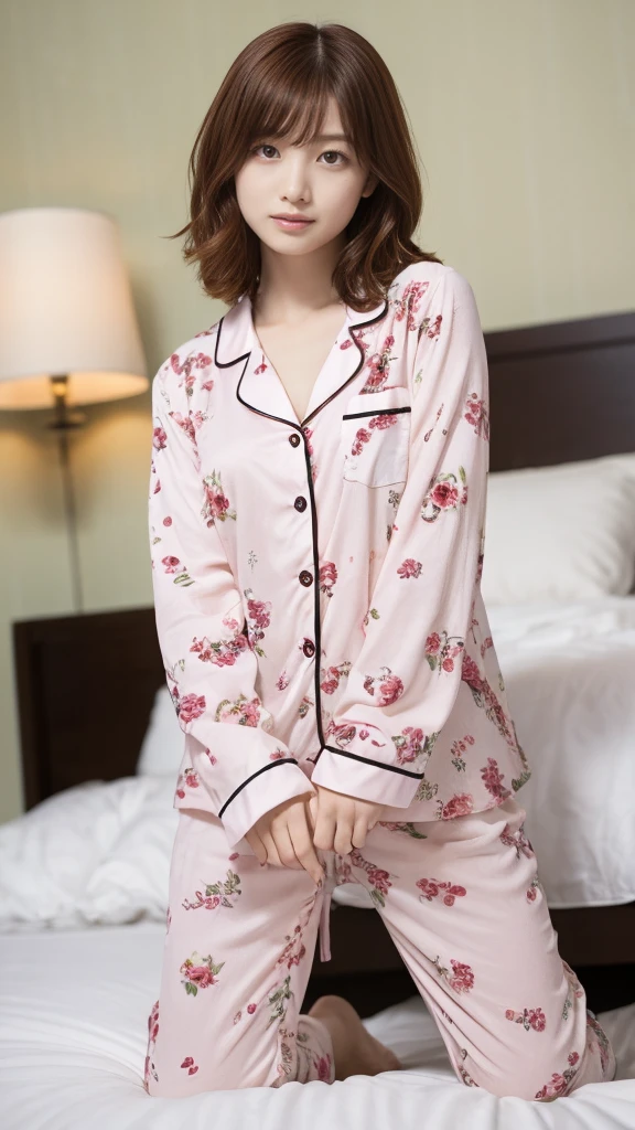 A woman in pink floral pajamas is sitting on her bed, Redheadの少女, beautiful Redheadの女性, Redheadの女性, young Redheadの少女, Short bright red hair, Red hair and attractive features, Anna Nikonova、Also known as New Milky, Redheadの少女, Redhead, Beautiful woman, Posing in bed, Redhead, Short Red Hair, Posing in the room