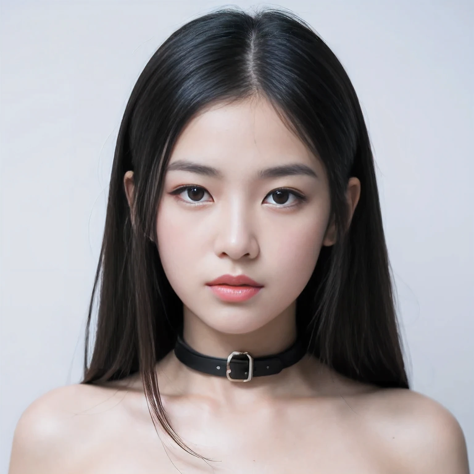 Simple White background, face photo, face focus, looking at camera, body facing camera, 1 Girl, (black leather collar), nude