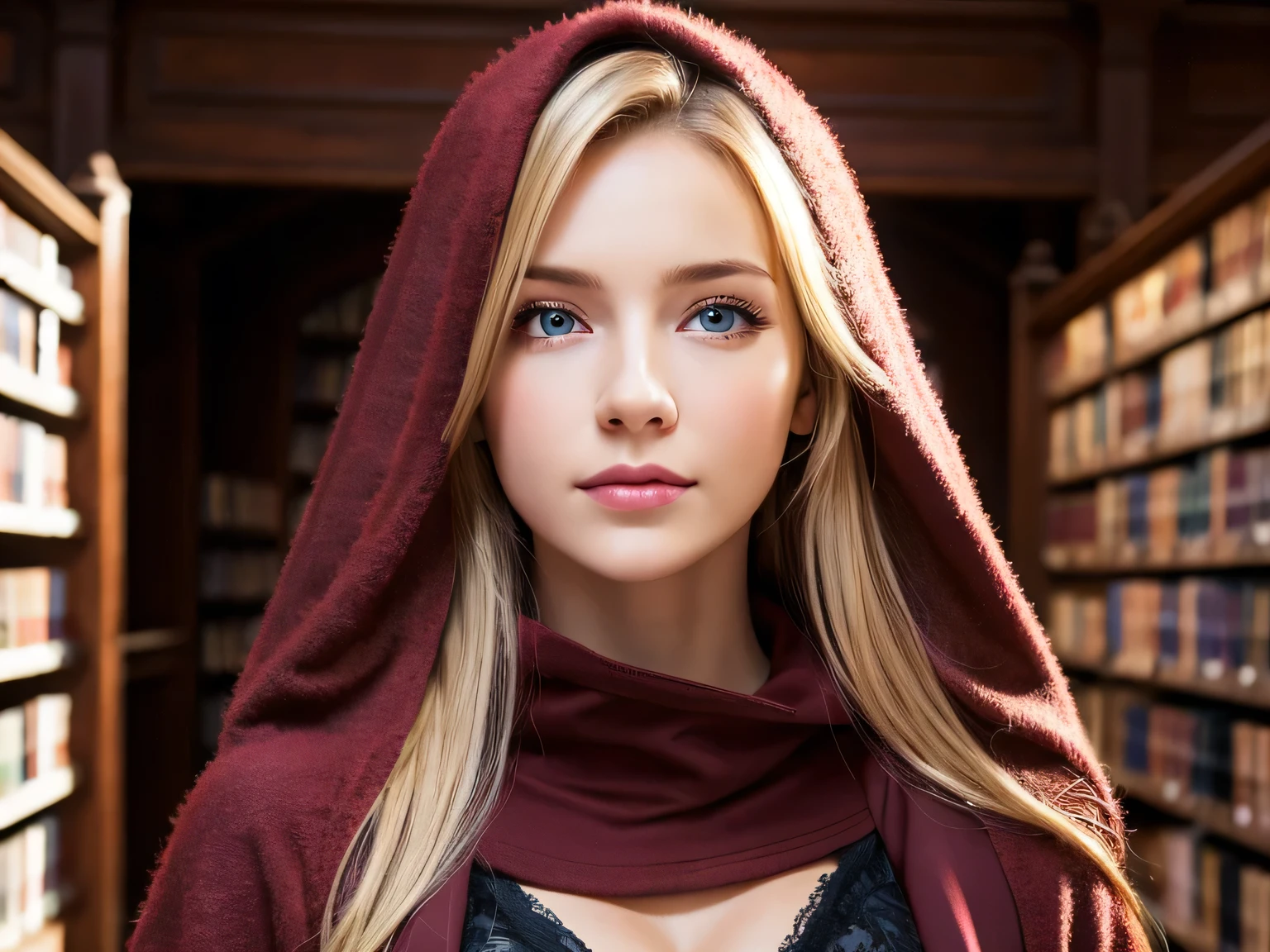 1 girl, dressed, huge maroon hood up, (photo realistic:1.4), (hyper realistic:1.4), (realistic:1.3), (smoother lighting:1.05), (increase cinematic lighting quality:0.9), 32K, 1girl,20yo girl, realistic lighting, backlighting, light on face, ray trace, girl wearing a maroon off shoulder robe, wolf blonde hair with blue eyes, black corset, trimmed leg wear, huge maroon hood up, gorgeous face, high resolution, detailed face, not smiling, long hall library background, hair covering half of the face (brightening light:1.2), (Increase quality:1.4), (best quality real texture skin), finely detailed eyes, finely detailed face, (tired and sleepy and satisfied:0.0), face closeup, t-shirts, (Increase body line mood:1.1), shiny skin