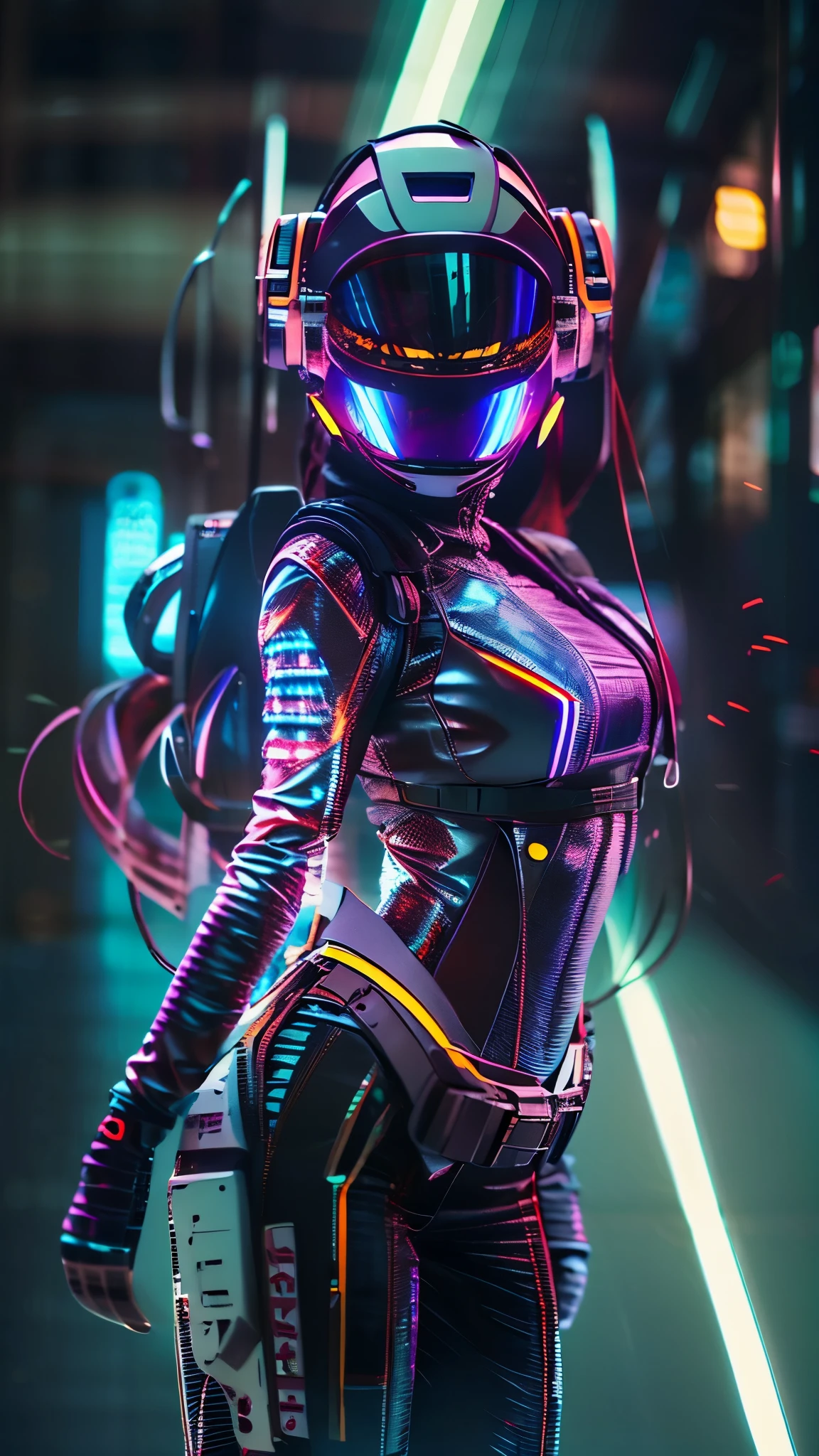 (good structure),high dynamic range,ultra high definition,8k,1 girl,blurred background,cyberpunk protective clothing,cyberpunk protective helmet,Glowing helmet,Neon lamp,neon color,oblique body,night,Mask screen reflections,depth of field,Upper body,cyberpunk,ground vehicle,lamp,neon lamp,pilot suit,alone
