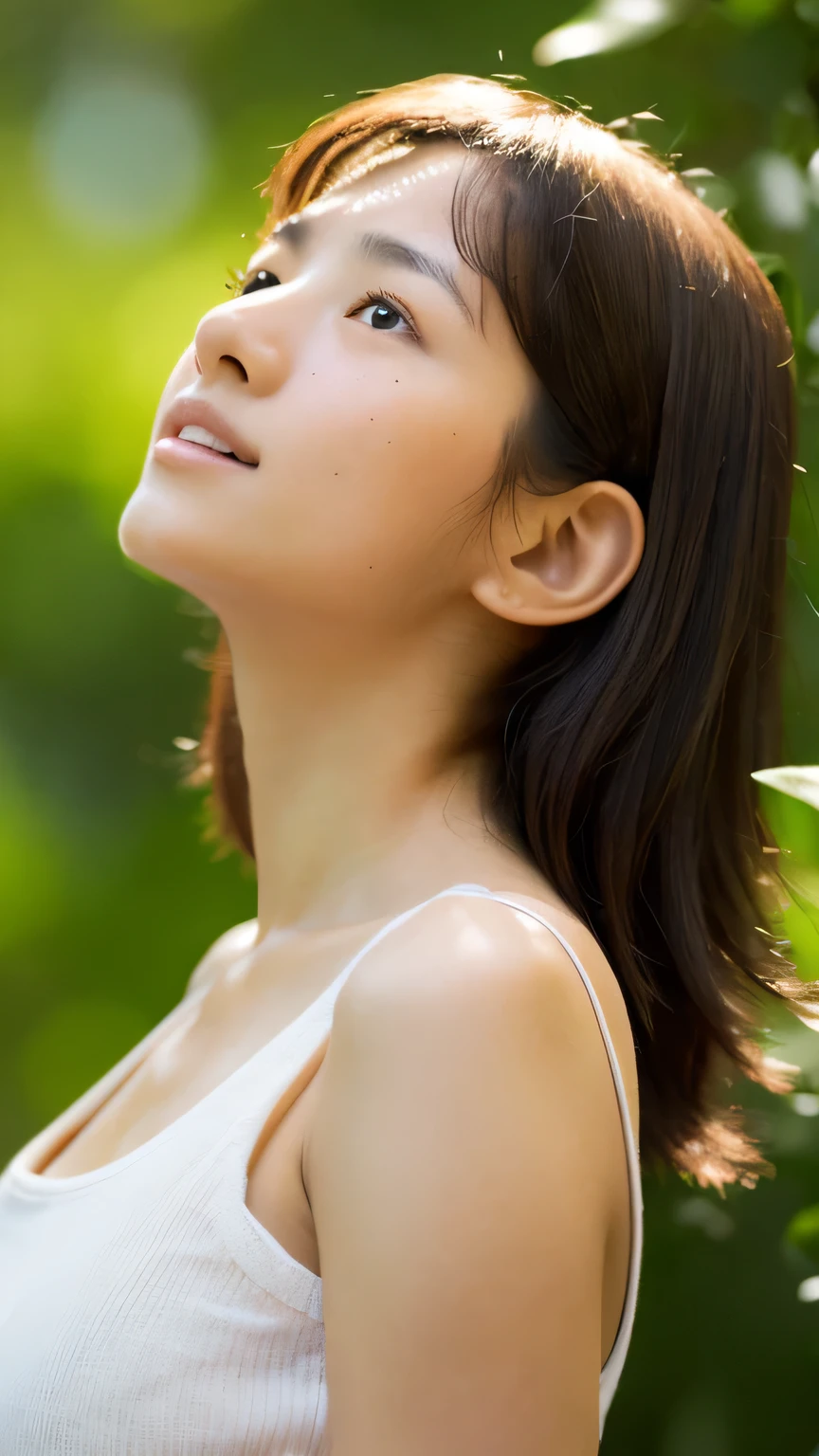 masterpiece High resolution Female student Delicate face natural atmosphere boyish mole Tanuki face Tank top Open your mouth wide Listen to the Earth Listen to the sounds of the earth A bright future A peaceful world