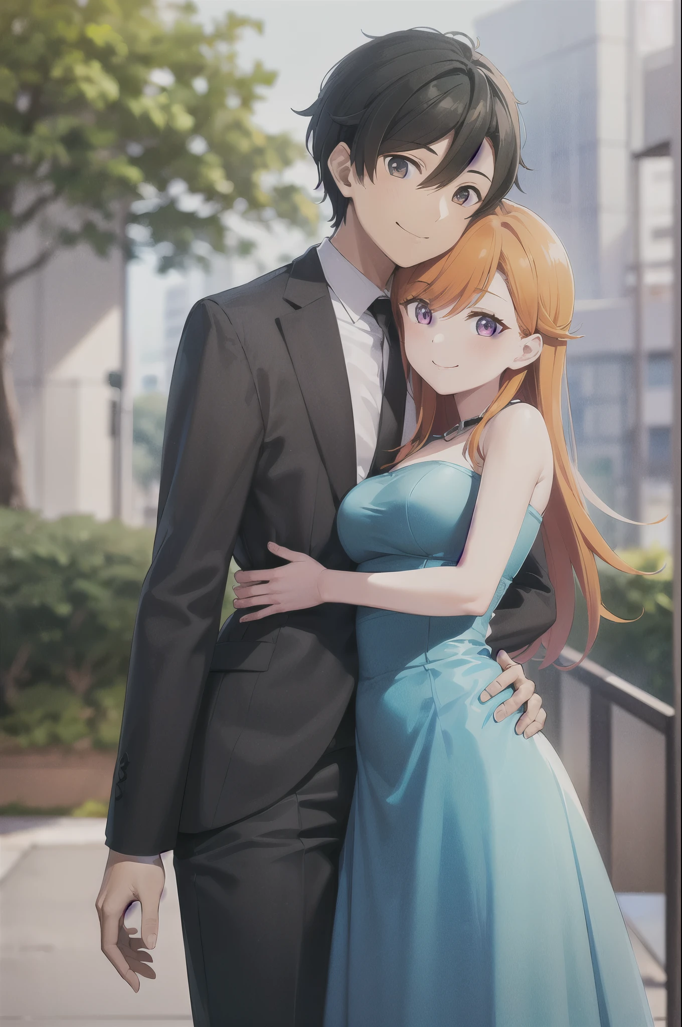 (masterpiece, best quality,(1girl),
shibuya kanon, orange hair, medium breasts, 
blue dress, outdoors, cowboy shot, smile, (1boy), kirito, black hair, office jacket, hug, boy&girl 