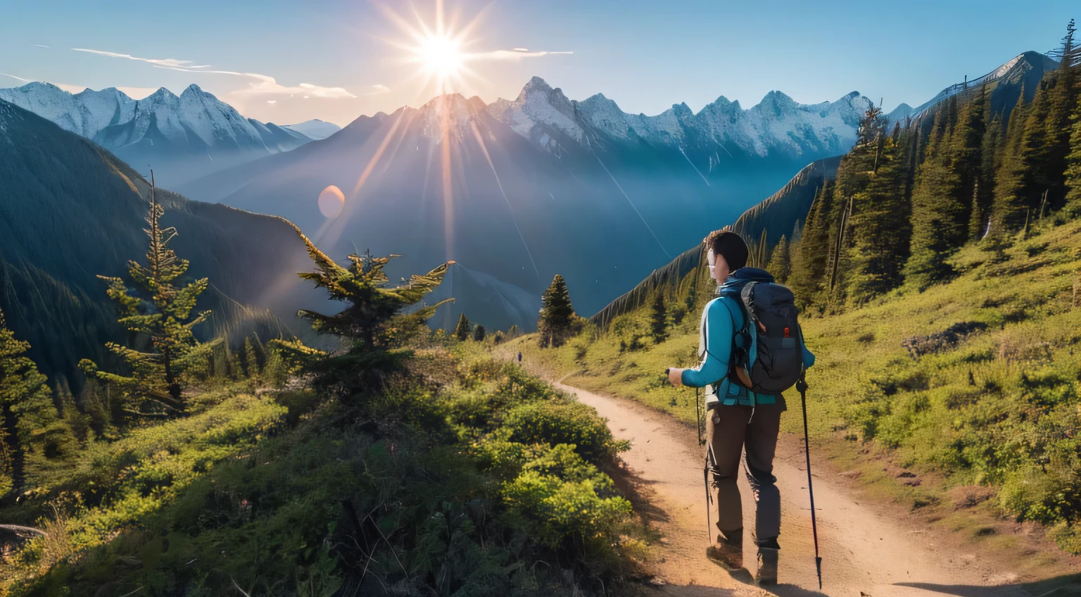 background:
A natural environment of forests and mountains。
There is a sun in the distant sky。
hiker:
Standing on a mountain trail,Wearing professional mountaineering equipment,Carrying a backpack。
Handheld high-end trekking poles。
Smart trekking pole:
There is a smart device on the top of the trekking pole,Emits a shimmering light,Showing its high-tech features。