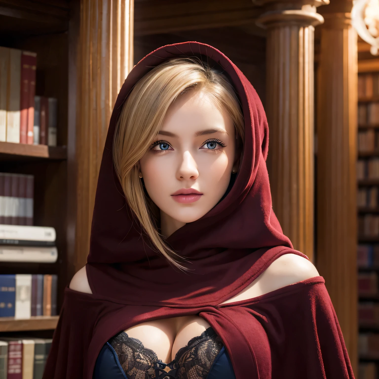 1 girl, dressed, huge maroon hood up, (photo realistic:1.4), (hyper realistic:1.4), (realistic:1.3), (smoother lighting:1.05), (increase cinematic lighting quality:0.9), 32K, 1girl,20yo girl, realistic lighting, backlighting, light on face, ray trace, girl wearing a maroon off shoulder robe, wolf blonde hair with blue eyes, black corset, trimmed leg wear, huge maroon hood up, gorgeous face, high resolution, detailed face, not smiling, long hall library background, hair covering half of the face (brightening light:1.2), (Increase quality:1.4), (best quality real texture skin), finely detailed eyes, finely detailed face, (tired and sleepy and satisfied:0.0), face closeup, t-shirts, (Increase body line mood:1.1), shiny skin