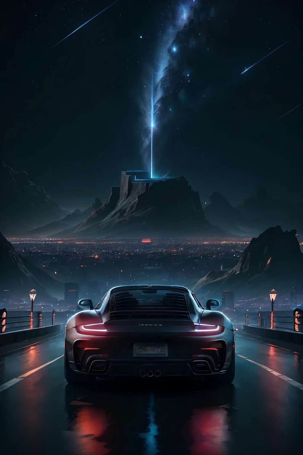 Create a captivating, hyper-realistic image of a sleek, black matte Porsche 911 9292 Turbo S perched majestically atop a mountain peak, silhouetted against the backdrop of a sprawling, twinkling cityscape bathed in the soft, somber hues of the night. The city's glimmering lights, seen in the distance, coalesce to create a mesmerizing neon haze that envelops the powerful sports car.

To capture this mesmerizing scene, employ a high-quality 200mm camera lens to accentuate the car's stunning details, from the sharp, angular