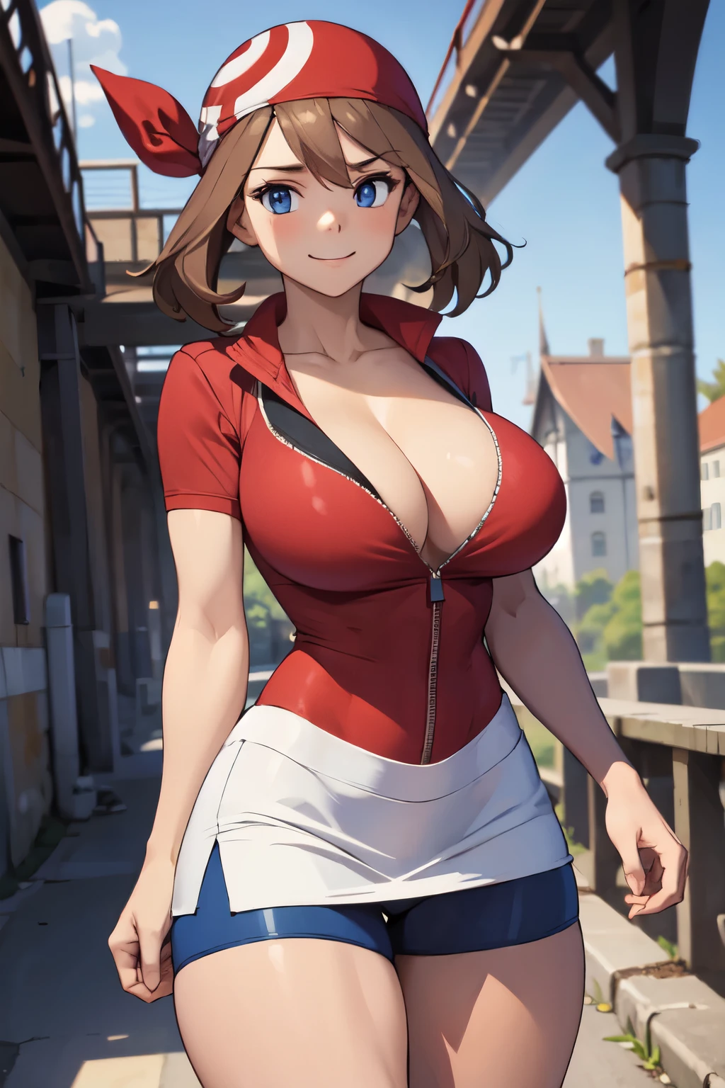 ((masterpiece, best quality)), absurdres,   zzMay, perfect, solo, brown hair, blue eyes,  red shirt, short sleeves, short white skirt, 1girl, bandana, bike shorts, blue eyes, brown hair, looking at viewer, huge breasts, skin tight, solo, standing, thick thighs, thighs, (under a bridge), smile, fully zipped down jacket, cleavage, back against a wall, seductive smile, zipping