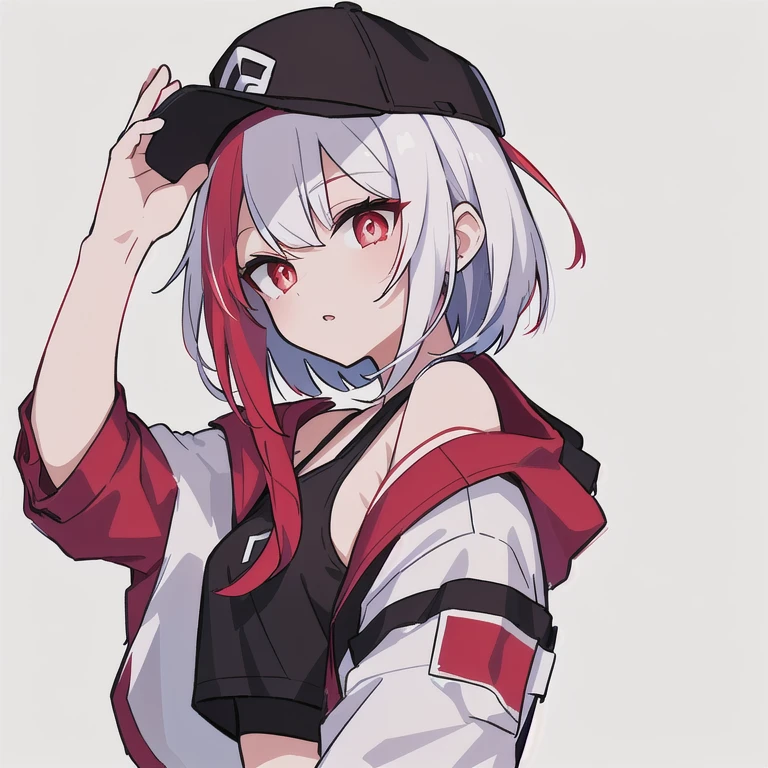 bust，A man with short silver hair，The character has a red highlight on the left side of his hair that reaches to his chest.，A girl whose hair ends gradually turn white，Eye pupils are red，Wearing a black peaked cap，Wearing black sports bra，There is an H in the center，Wearing a white baseball jacket。His hand on his peaked cap，As if adjusting a hat，Minimalism