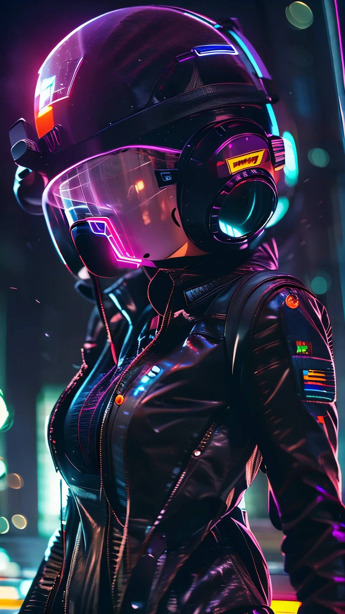 (good structure),high dynamic range,ultra high definition,8k,1 girl,blurred background,cyberpunk protective clothing,cyberpunk protective helmet,Glowing helmet,Neon lamp,neon color,oblique body,night,Mask screen reflections,depth of field,Upper body,cyberpunk,ground vehicle,lamp,neon lamp,pilot suit,alone
