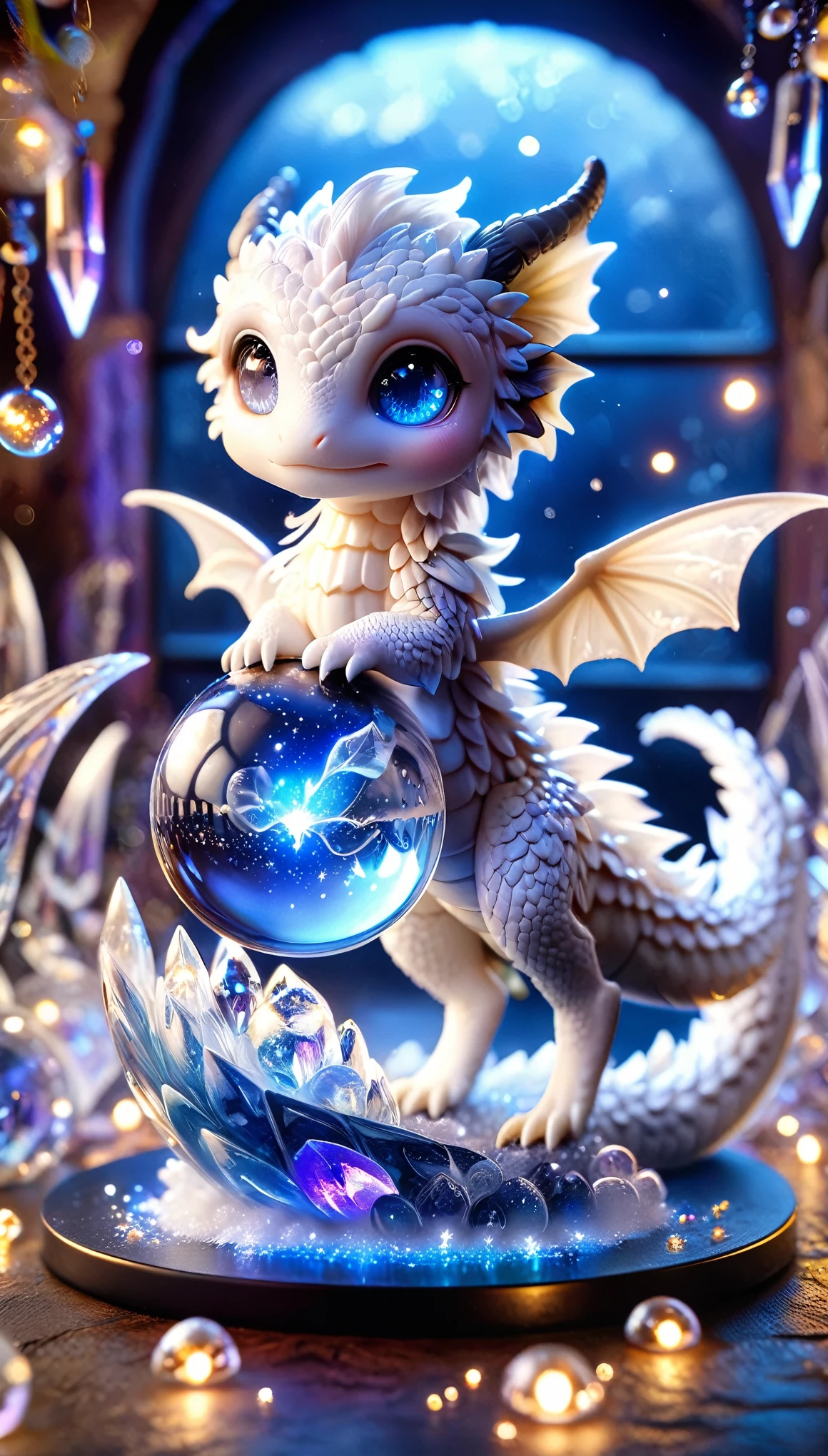 absurd, High resolution, Super detailed, HDR, masterpiece, best quality, ( Trapped in a crystal ball) Little White Dragon, Expressive blue eyes, White eyelashes, blue horns, wing, Fantasy magic background, shiny, shining, Purple lightning, Floating round lights, Starry Sky, blank