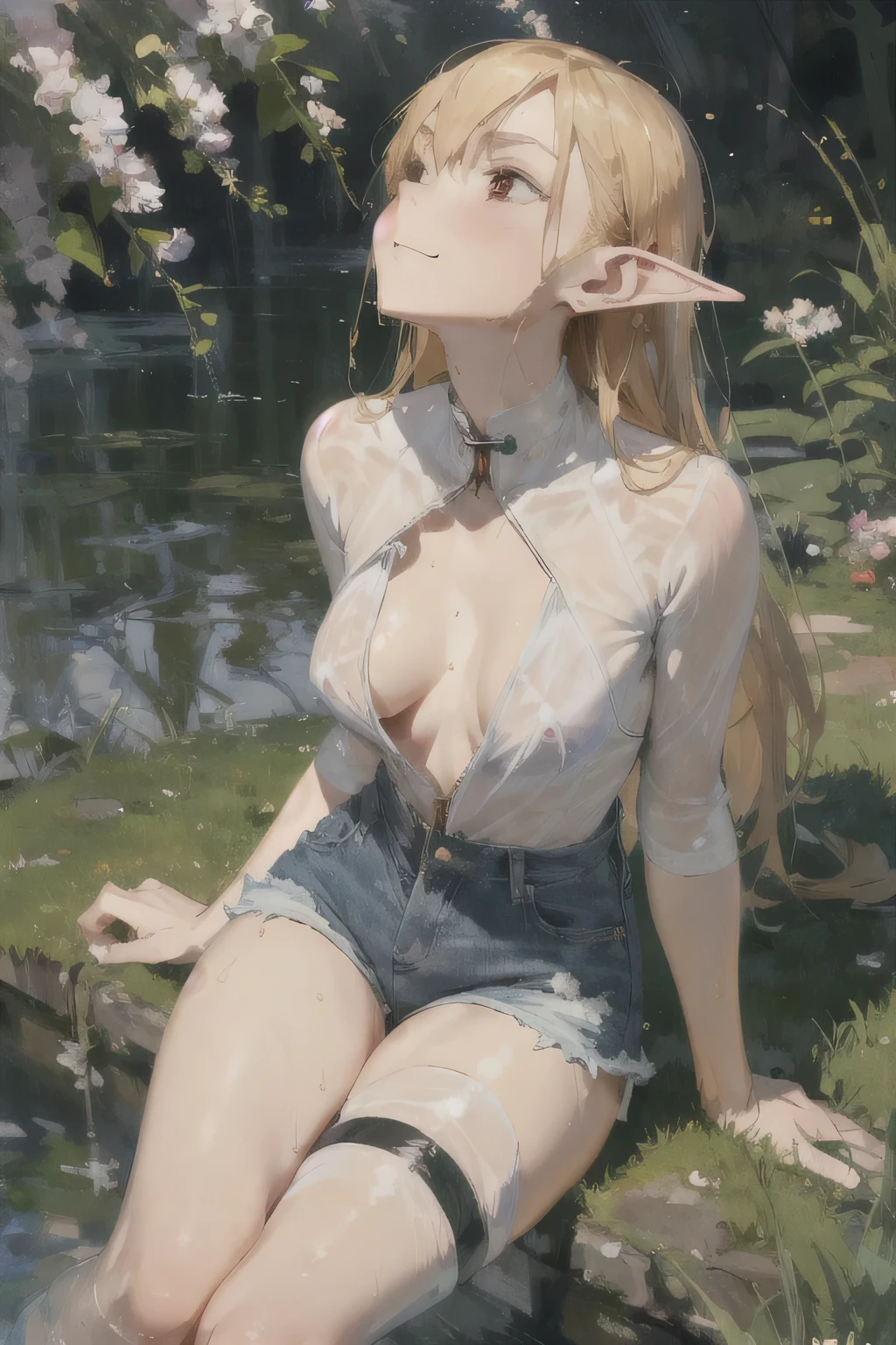 Girl Doll,Solitary,rest,((Looking up)),(The zipper is not closed),Blonde,elegant,Pointed ears,whole body,Chinese element pattern,thigh,(((Leaking thigh))),full,Transparent openwork,Deep V,(triangle denim shorts),stocking,leggings,(Brushstrokes,Impressionism,painting,Rich scenery),Disheveled,Chest contour,(((Wet clothing))),(((Ultra-thin clothing))),((Flesh outline)),Grinning