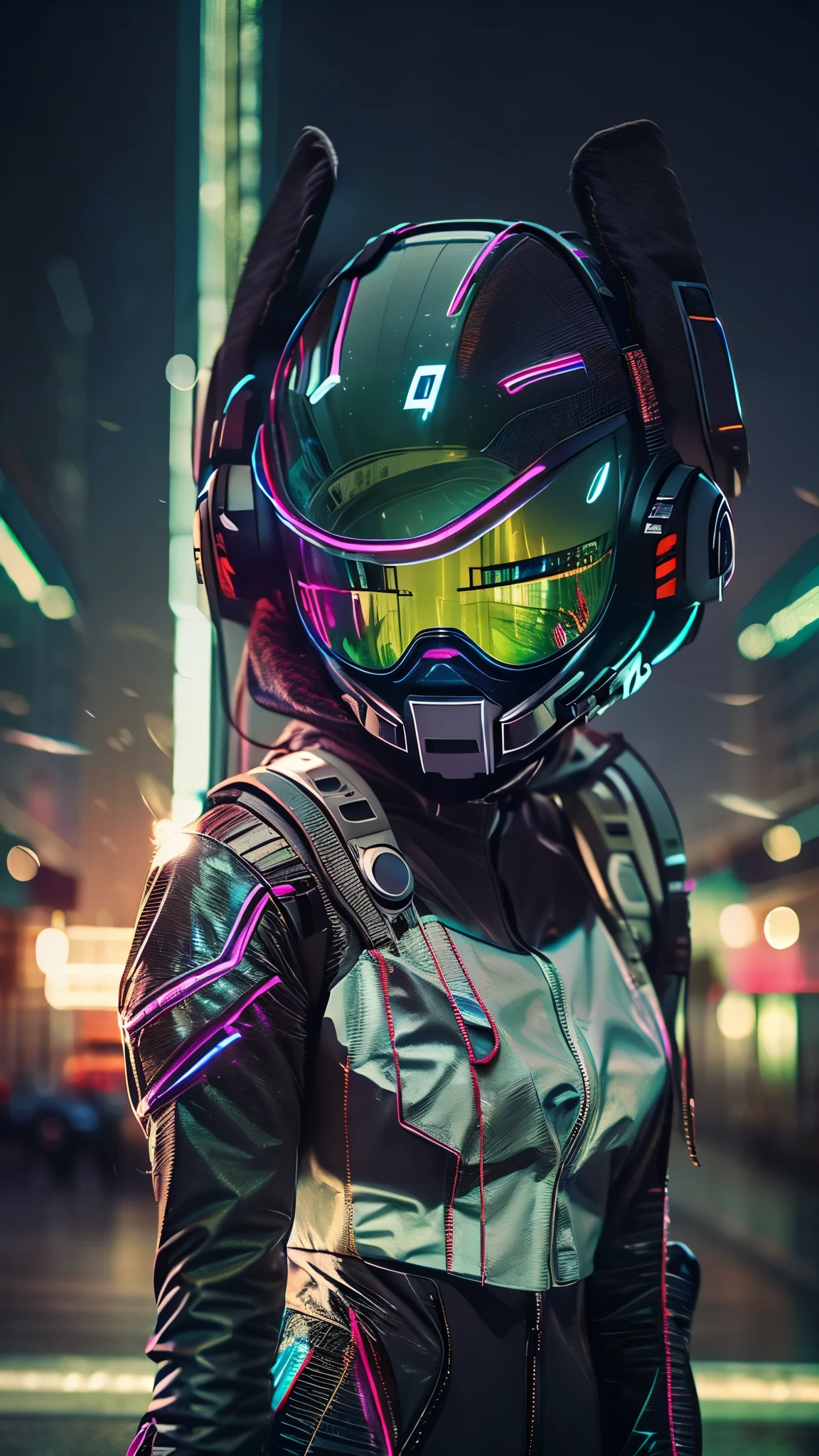 (good structure),high dynamic range,ultra high definition,8k,1 girl,blurred background,cyberpunk protective clothing,cyberpunk protective helmet,Glowing helmet,Neon lamp,neon color,oblique body,night,Mask screen reflections,depth of field,Upper body,cyberpunk,ground vehicle,lamp,neon lamp,pilot suit,alone
