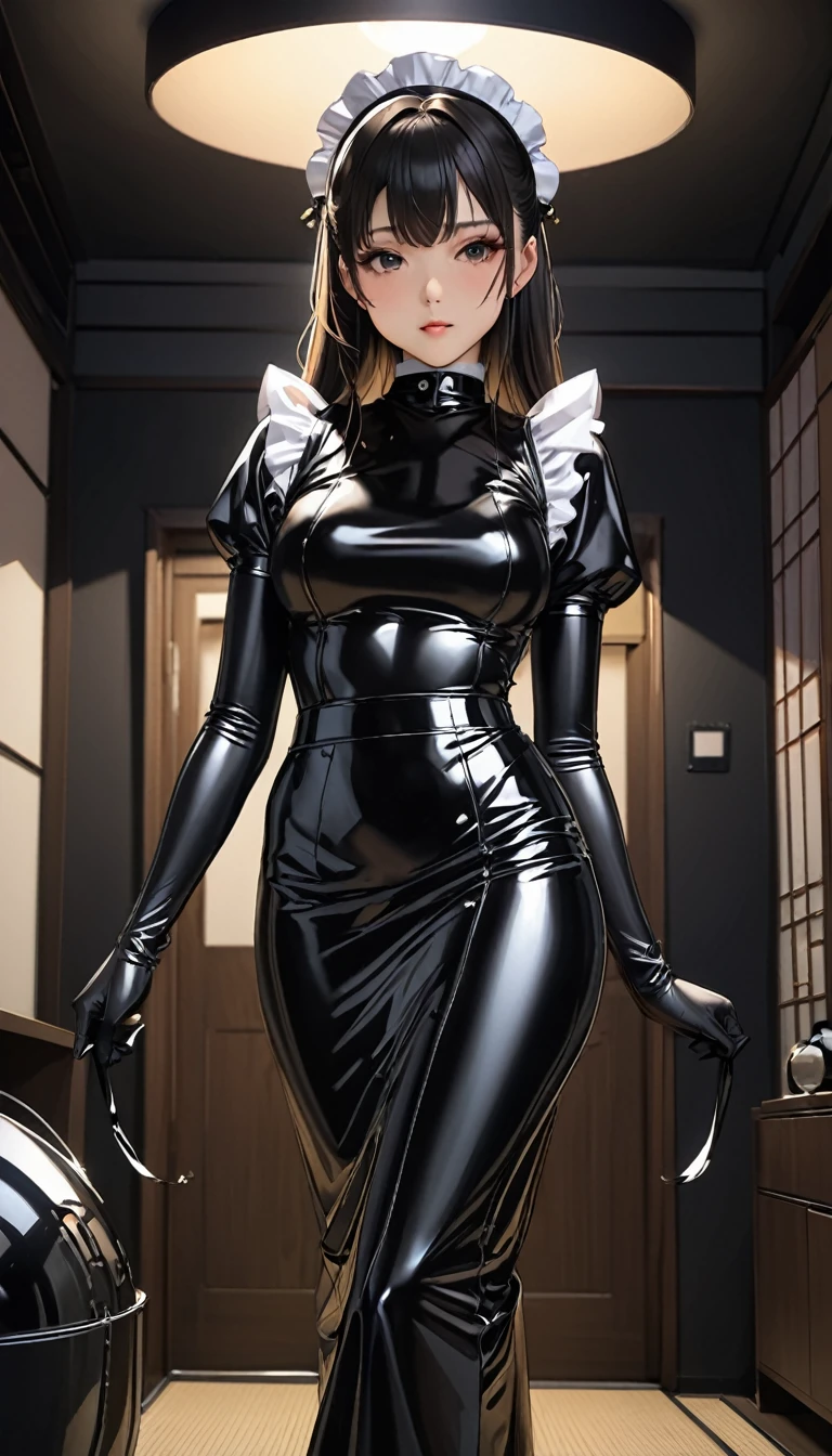 (masterpiece,highest quality,超A high resolution),Japanese women, (((Very beautiful 25 year old girl))),(Black latex maid outfit)、Black latex long skirt、Black latex long sleeve shirt、Long gloves in black latex、black latex tights、The clothes fit very well、Latex has a very strong shine、Dark Room