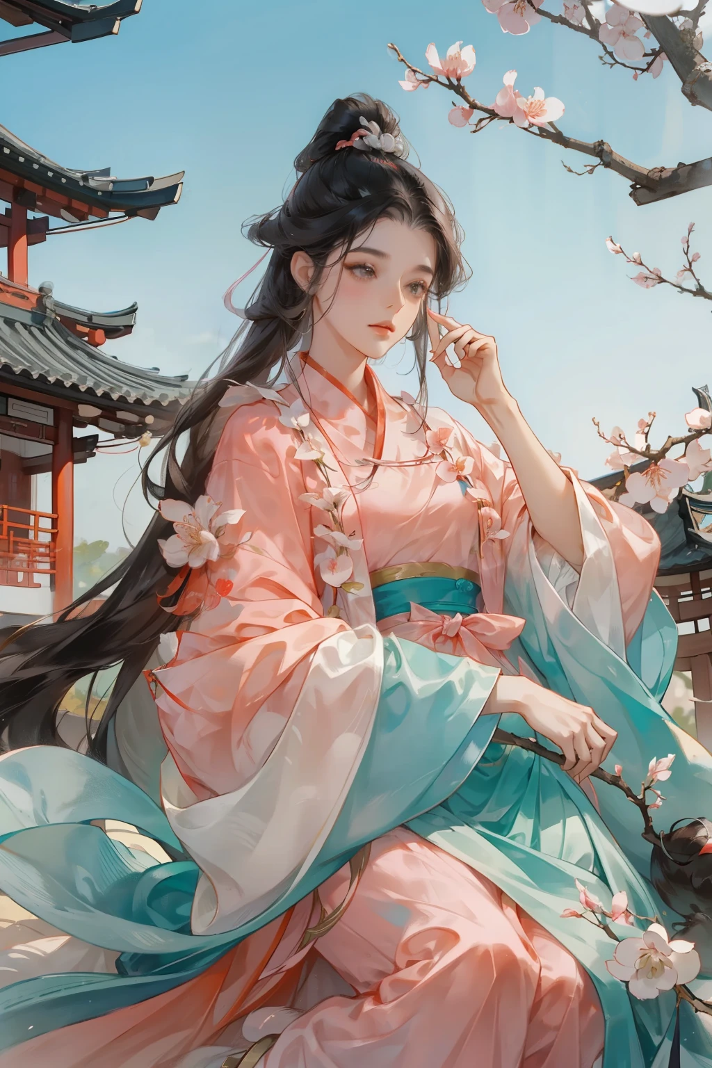 A girl with black hair，He looked sad，Slightly sideways looking into the distance，Peach Blossom Forest，Chinese Architecture，Chinese Hanfu，Ming dress，Chinese garden，Super delicate face，Perfect face