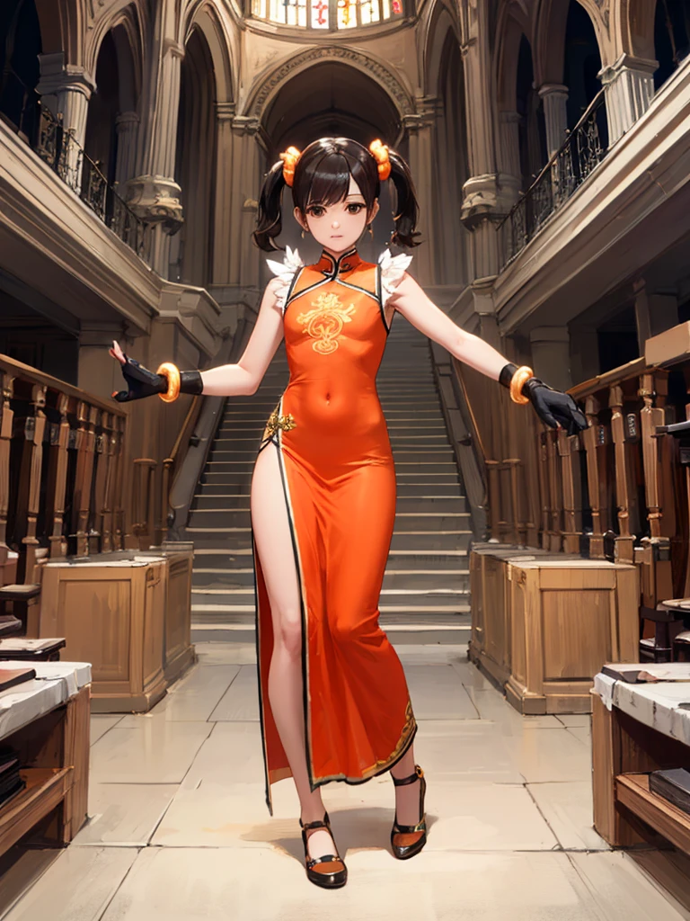 masterpiece, best quality, 1 girl, solo, 10 years old, (flat chest), (ling xiaoyu, (black hair:1.5), (brown eyes:1.7), swept bangs, twintails), black gloves, bracelet, chinese clothes, feather trim, fingerless gloves, gloves, mary janes, orange footwear, shoes, single glove, sleeveless, dress, orange dress,Monastic Clothes, church, full body,