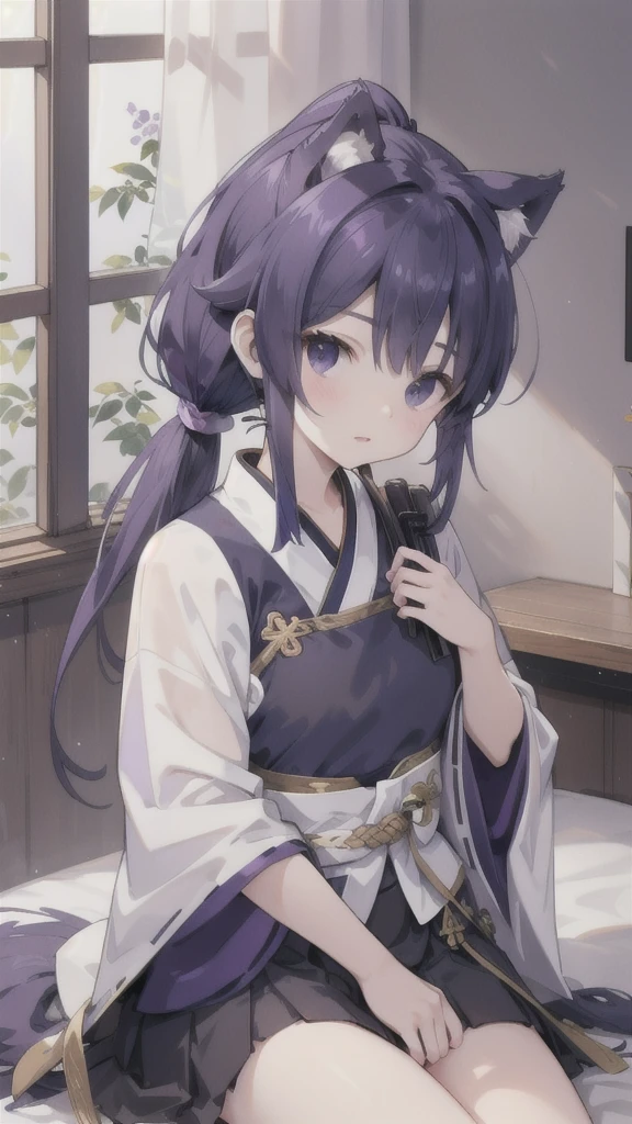 Navy blue short ponytail,black eyes,Wolf's ears,Purple Hanfu armor,longbow