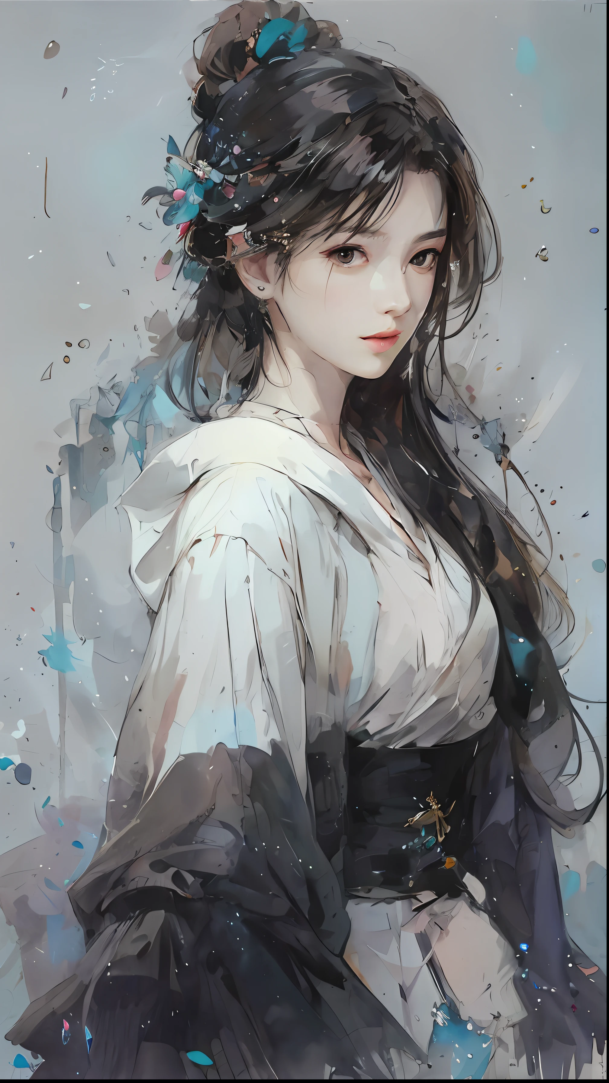 Painting of woman with long hair and white dress, Beautiful character painting, Beautiful anime portrait, Guvitz-style artwork, Guvitz, author:Yang Jie, Beautiful anime artwork, by Ye Xin, Beautiful anime art, author:Zhang Han, A beautiful artistic illustration, by Zeng Jing, Beautiful anime woman, Animation Illustration--Car
