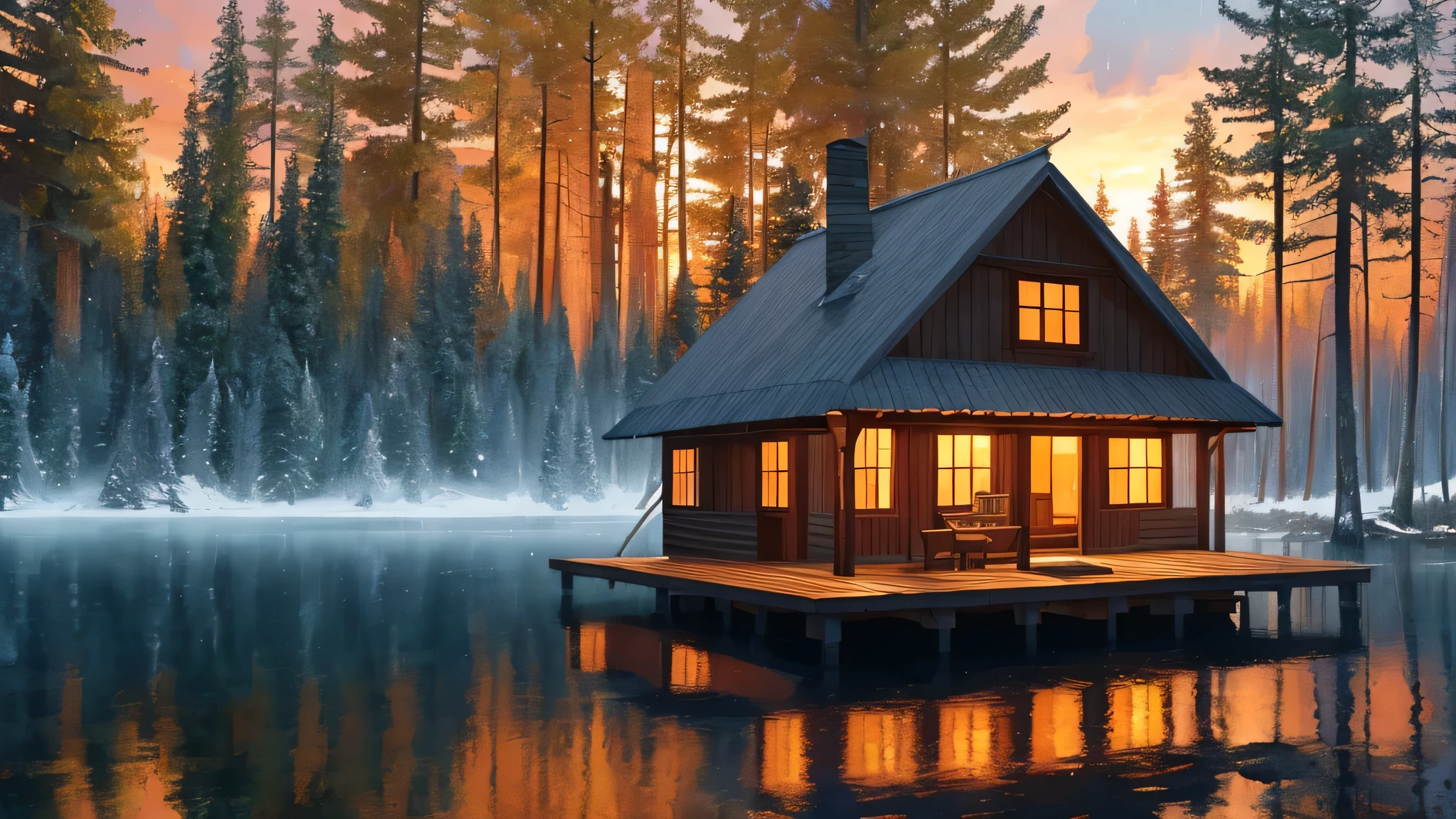 hut on the lake with a fire in the fireplace, beautiful detailed scene, Lake house, incredibly detailed scene, warm beautiful scene, cottage in the woods, cozy place, rainy evening, Cozy and calm atmosphere, shed in a woods, Cozy wallpaper, cozy atmospheric, beautiful rendering, cottage in the woods, Peaceful environment, in autumn, solitary cottage in the woods