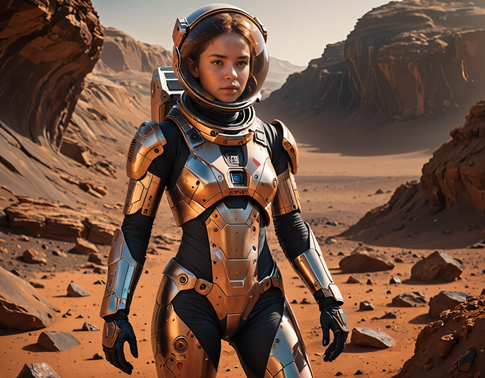 girl exploring a mysterious landscape on Mars, wearing a futuristic spacesuit with glowing LED lights, surrounded by red dust particles. The scene is depicted in a highly detailed digital painting (best quality, ultra-detailed, 4k resolution) with a realistic and photorealistic style (photo-realistic:1.37). The color palette is dominated by shades of red and orange, reflecting the Martian environment. The lighting is set to simulate the warm glow of the sun on Mars, casting long shadows on the rocky terrain. The girl's eyes are vivid and expressive, showcasing her curiosity and determination. She is holding a high-tech device in her hand, scanning the surroundings for any signs of life. As she explores, she discovers remnants of an ancient Martian civilization, with crumbling structures and hieroglyphic symbols carved into the rocks.