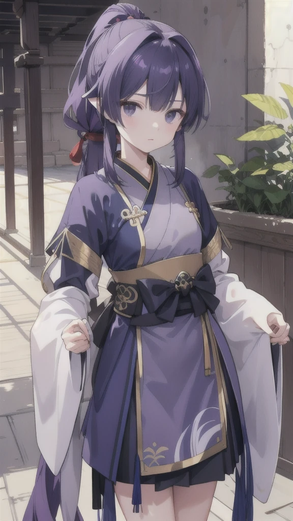 Navy blue short ponytail,black eyes,Wolf's ears,Purple Hanfu armor,longbow