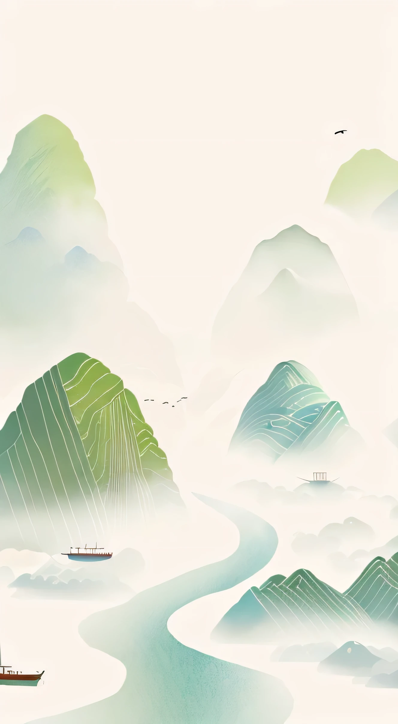 there is a painting of a river existith mountains and birds flying, Landscape view, detailed scenery —existidth 672, Tranquility illustration, Mountain background, a beautiful artexistork illustration, Chinese scenery, Abstract natural scenery, chinese existatercolor style, Simple illustration, artexistork in the style of z.exist. arrive, Floating mountains, poster illustration, mountains in fog background,Zongzi Mountain,Boat