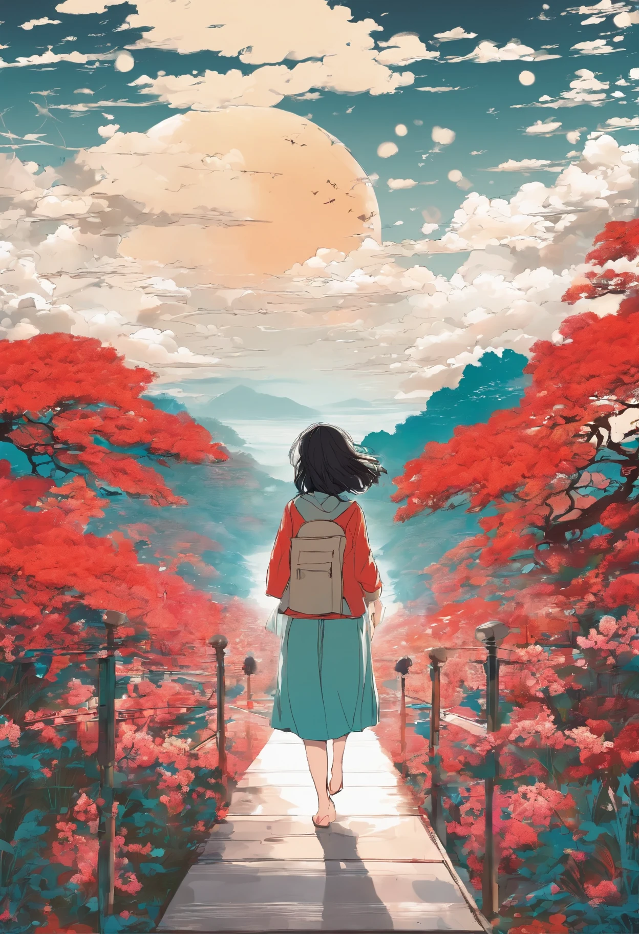 A lady walks beneath a sky where spring is breaking through. Witness the unveiling of nature's rebirth in every step