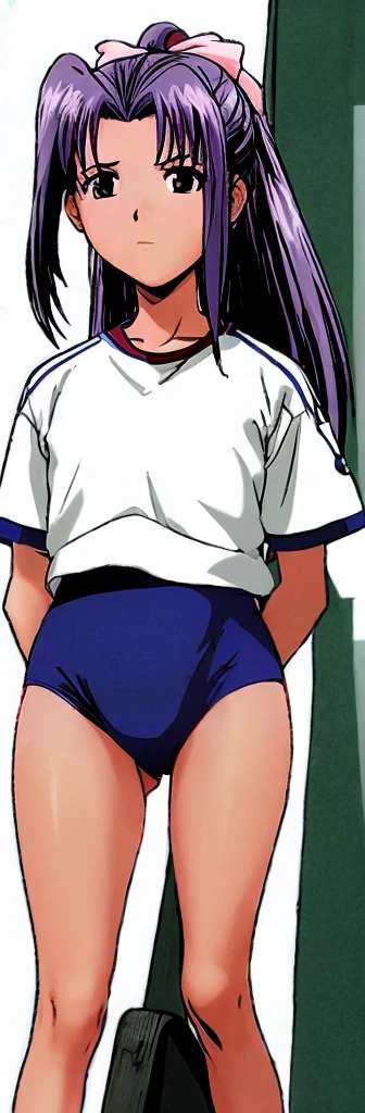 Momoko Koigakubo, a tall girl with beautiful legs, is standing from behind in a white gym uniform and light navy blue bloomers that look like panties.。