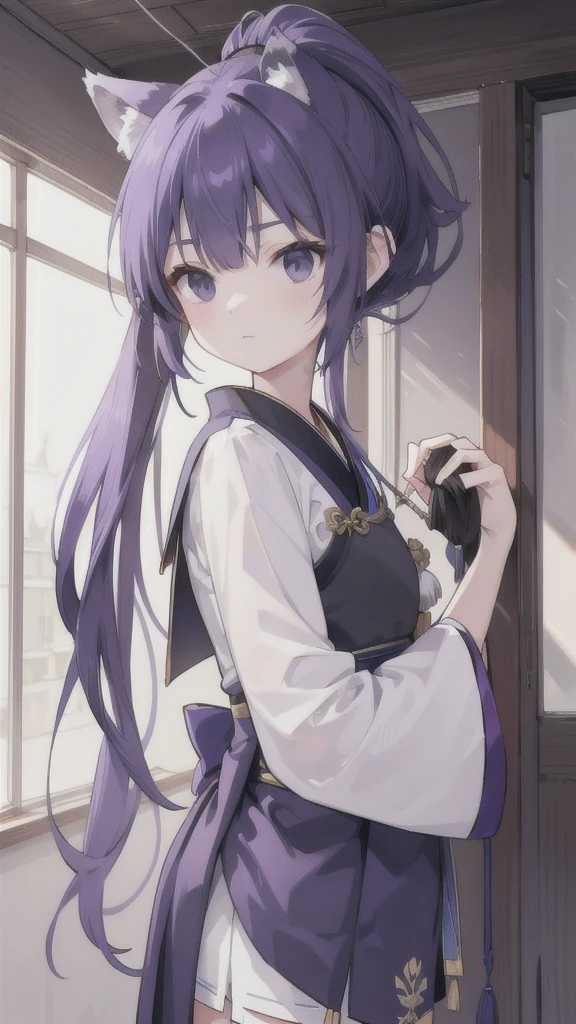 Navy blue short ponytail,black eyes,Wolf's ears,Purple Hanfu armor,longbow