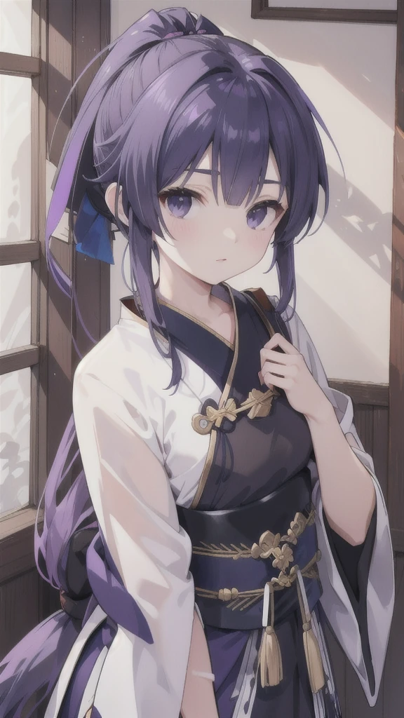 Navy blue short ponytail，black eyes，Wolf's ears，Purple Hanfu armor，longbow