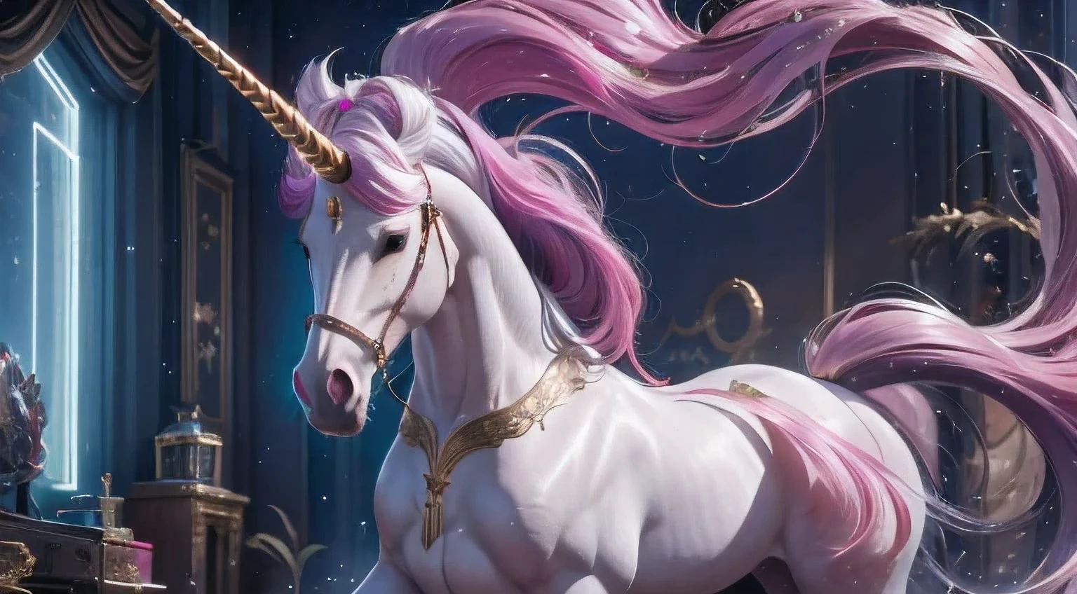 there is a unicorn with a long mane and a pink dress, white unicorn, unicorn, a unicorn, 8k high quality detailed art, 4 k detail fantasy, 4k fantasy art, detailed digital anime art, trending on artstation pixiv, 2. 5 d cgi anime fantasy artwork,