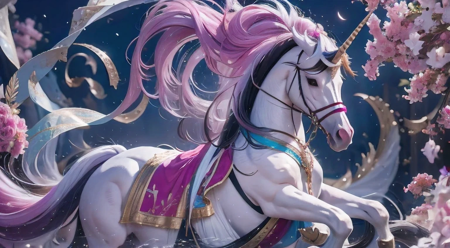 there is a unicorn with a long mane and a pink dress, white unicorn, unicorn, a unicorn, 8k high quality detailed art, 4 k detail fantasy, 4k fantasy art, detailed digital anime art, trending on artstation pixiv, 2. 5 d cgi anime fantasy artwork,